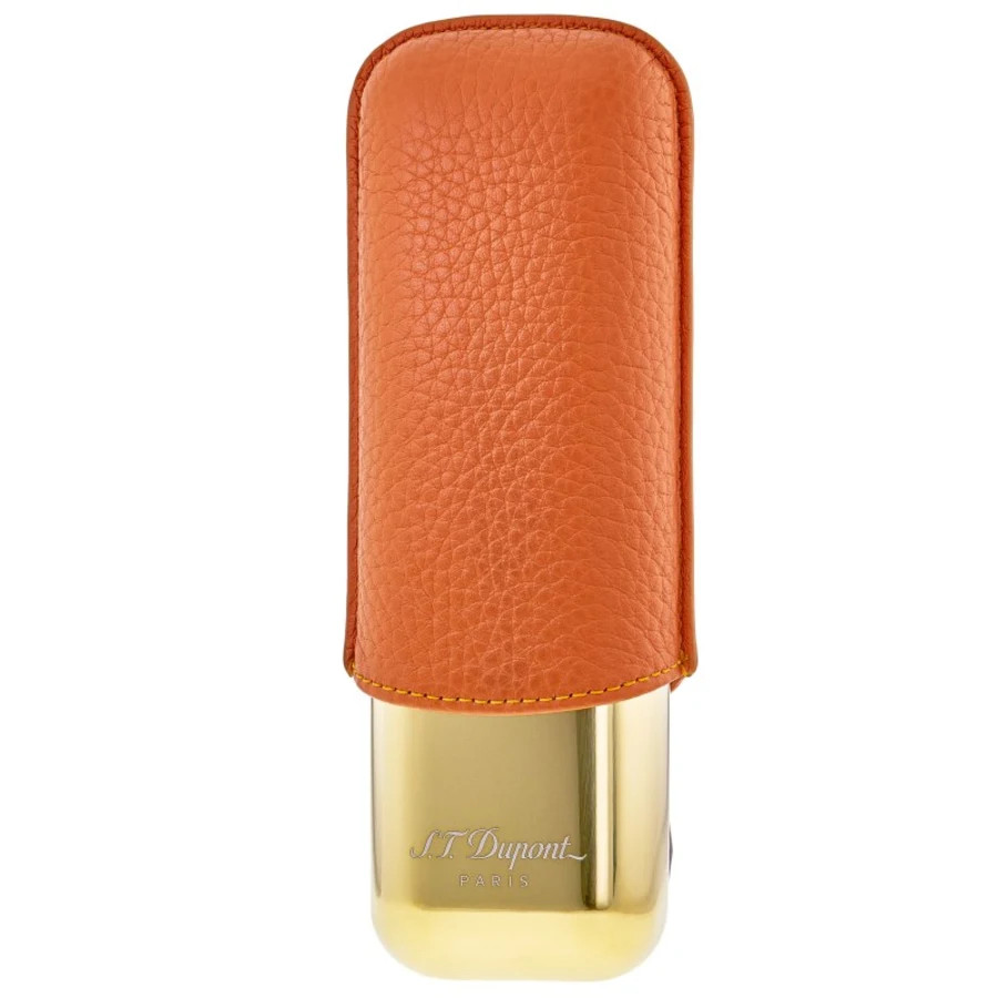 New S.T. Dupont Orange Grained Leather & Gold Metal Double Cigar Case 183256