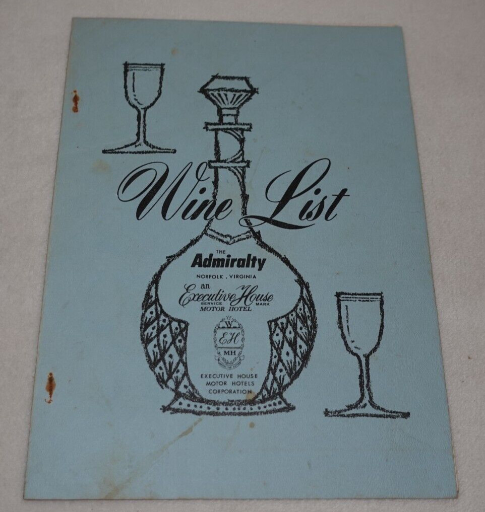 The Admiralty Motor Hotel Norfolk Virginia 1950s Vintage Original Wine List