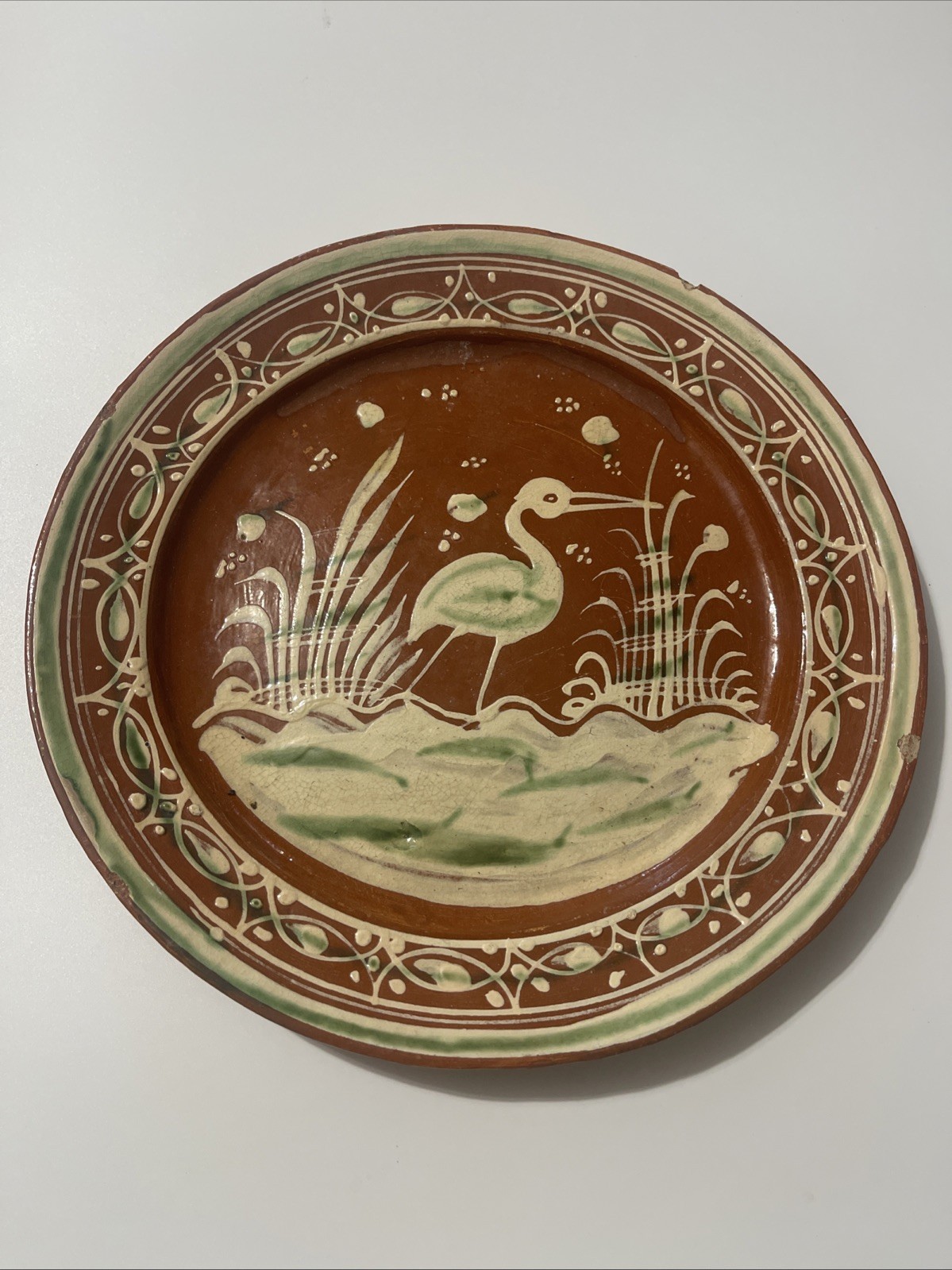 Vintage Mexican Bandera Plate Tlaquepaque Pottery Bird Redware Terracotta FLAWS