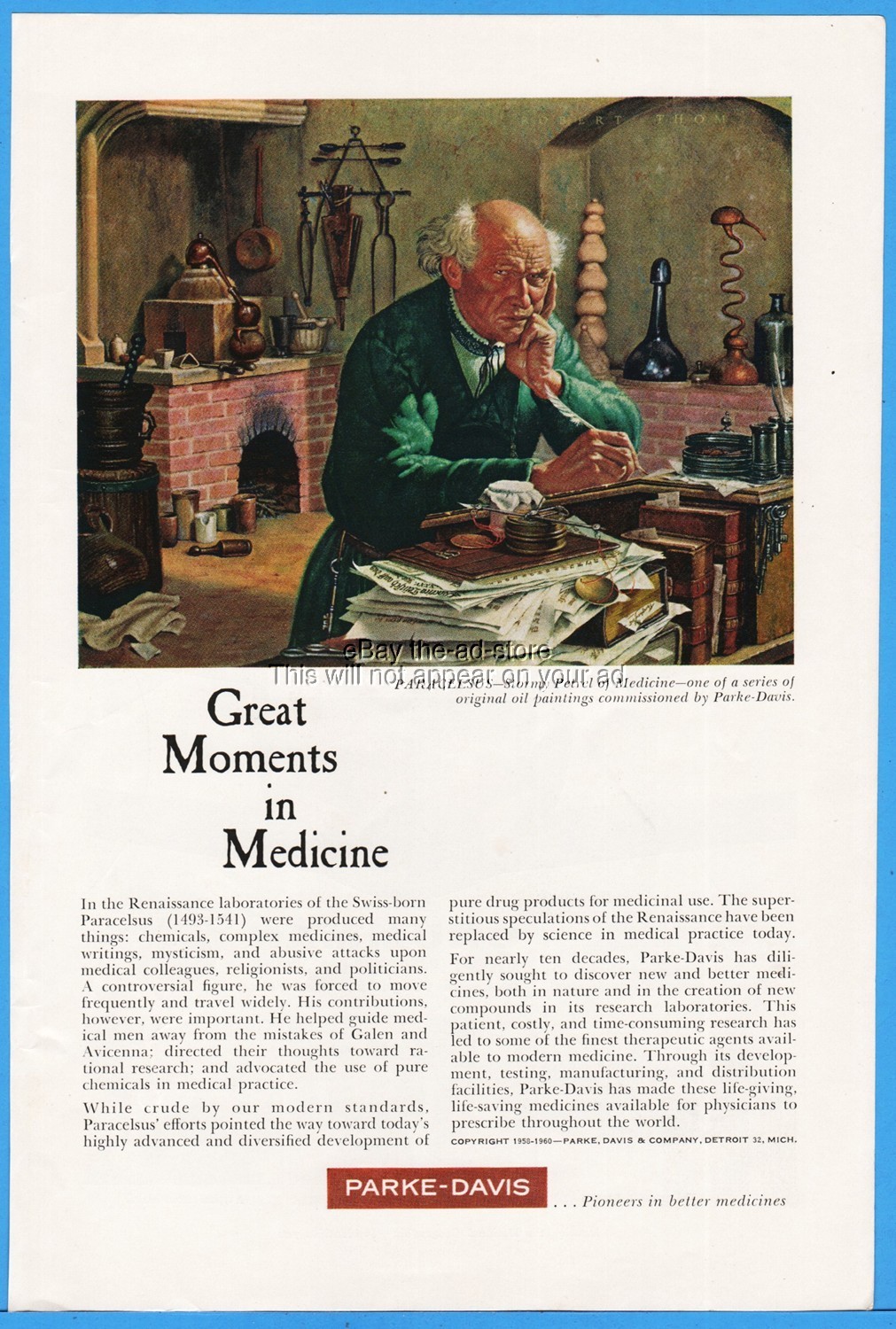 1960 Parke Davis Pharmaceutical Great Moments in Medicine Paracelsus Vintage Ad