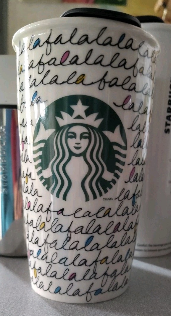Starbucks Fa La La Holiday 2011 Travel Tumbler Coffee Mug 12 oz Ceramic w/ Lid