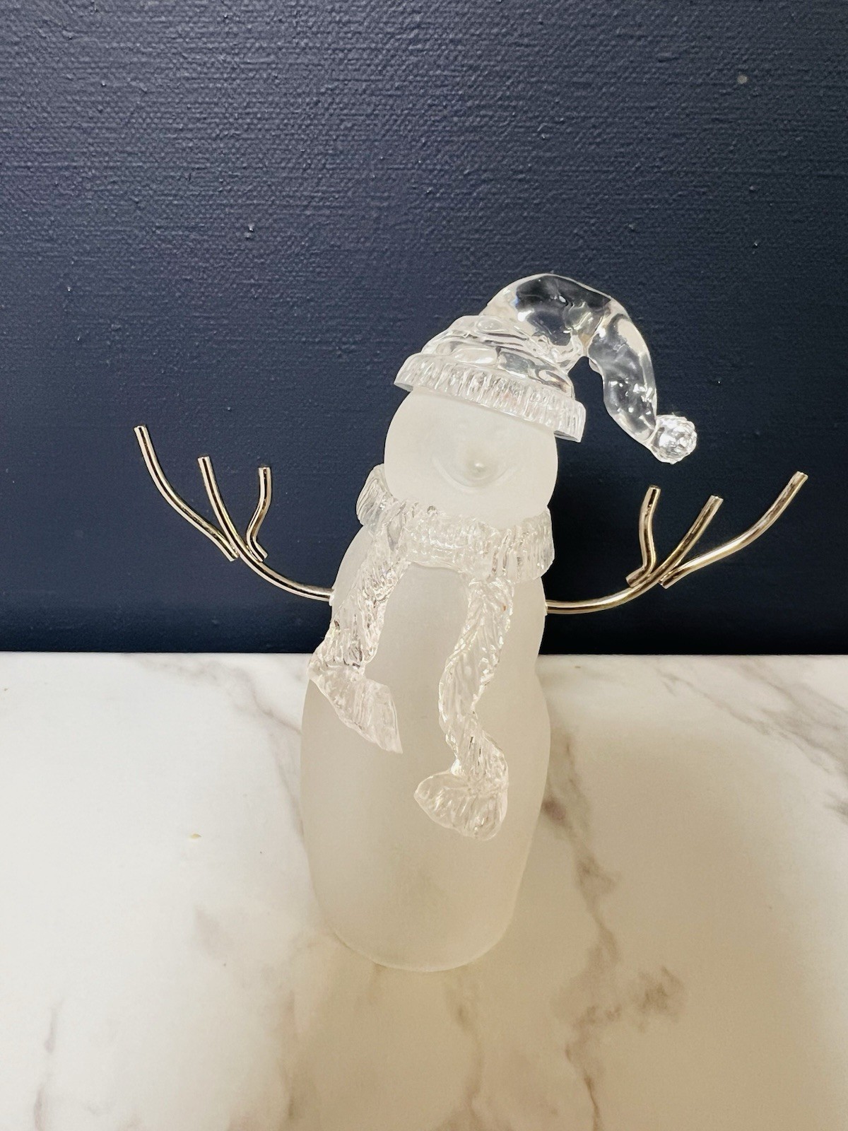 Ganz Frosted Glass Snowman Figurine Gold Metal Arms Clear Hat Scarf EX8276