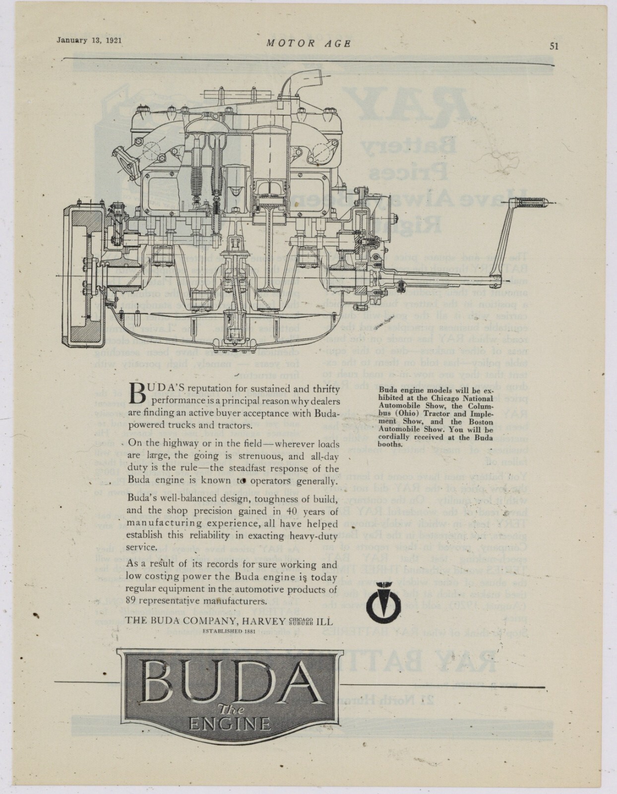 1921 Buda Co. Ad: Schematic Side View of Engine - Harvey, Illinois
