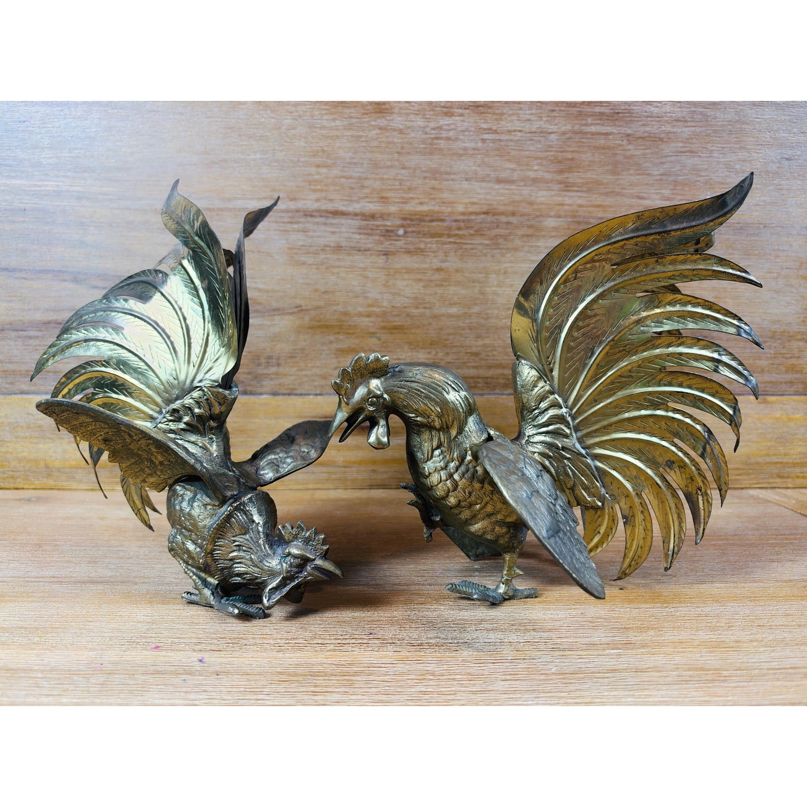 Vintage Brass Fighting Roosters Hollywood Regency Brass Bird Decor Sculpture MCM