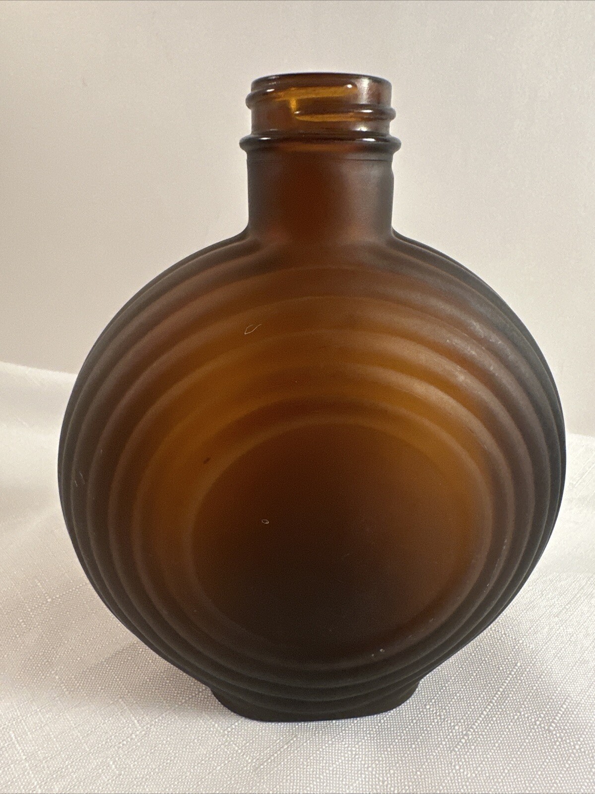 Rare Dark Amber Brown Satin Glass Round Flask Bottle By Owens-Illinois Glass Co