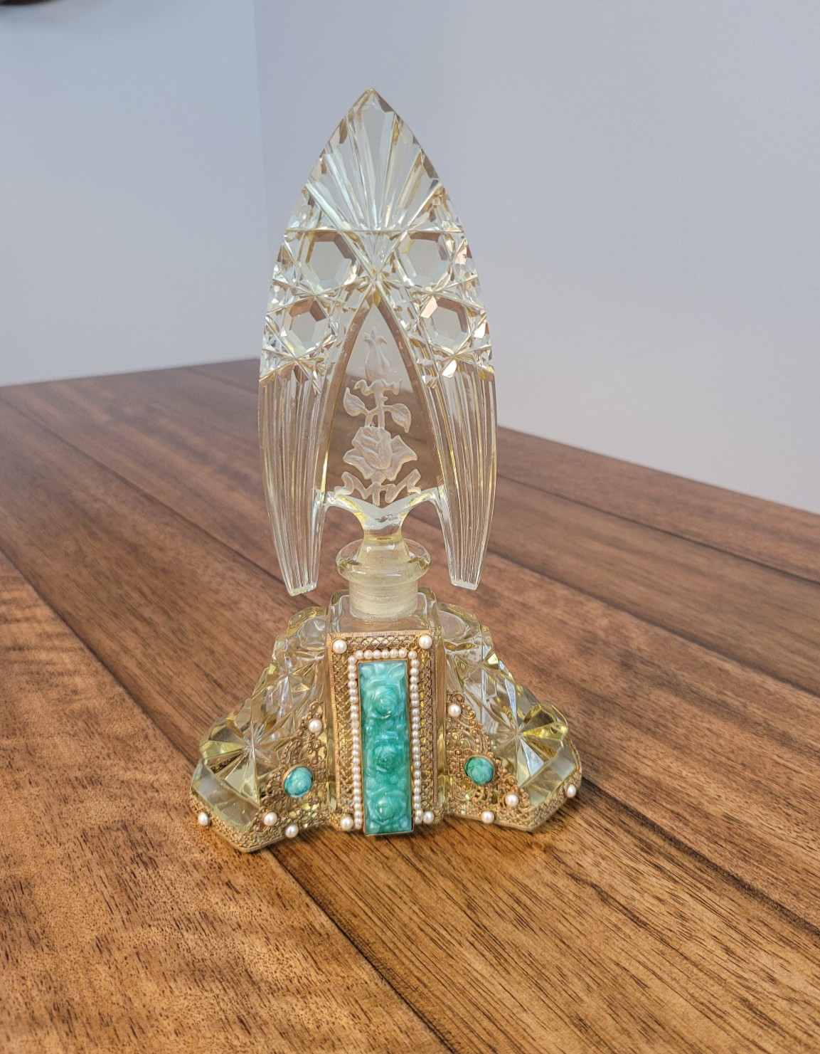 Rare Vintage Czech Hoffmann Jeweled Gilt Filigree Yellow Crystal Perfume Bottle Rare Vintage Czech Hoffmann Jeweled Gilt Filigree Yellow Crystal Perfume Bottle