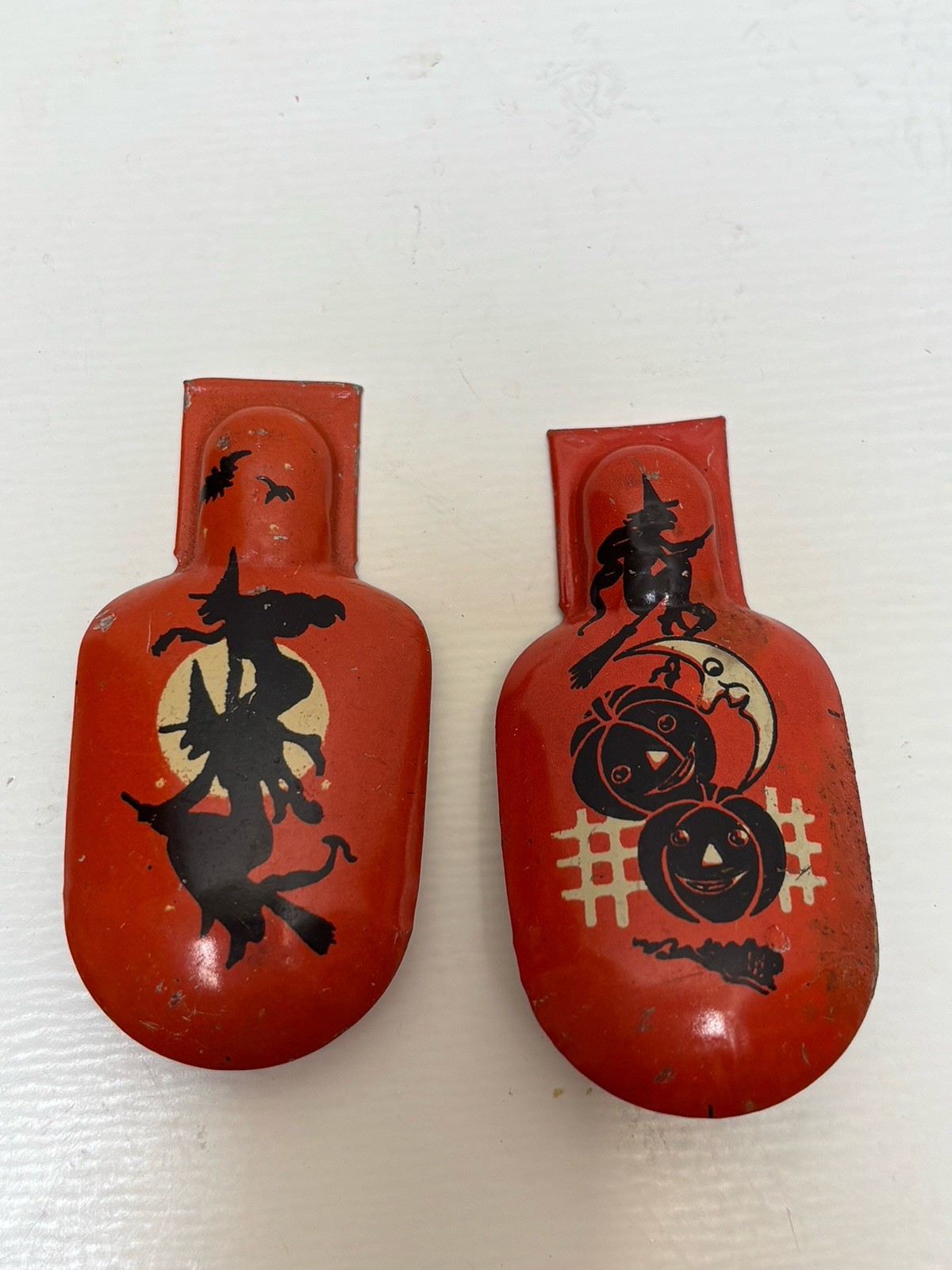 2 Vintage T. Cohn Halloween Flying Witch Metal Clickers 2-1/2” 1940’s Moon