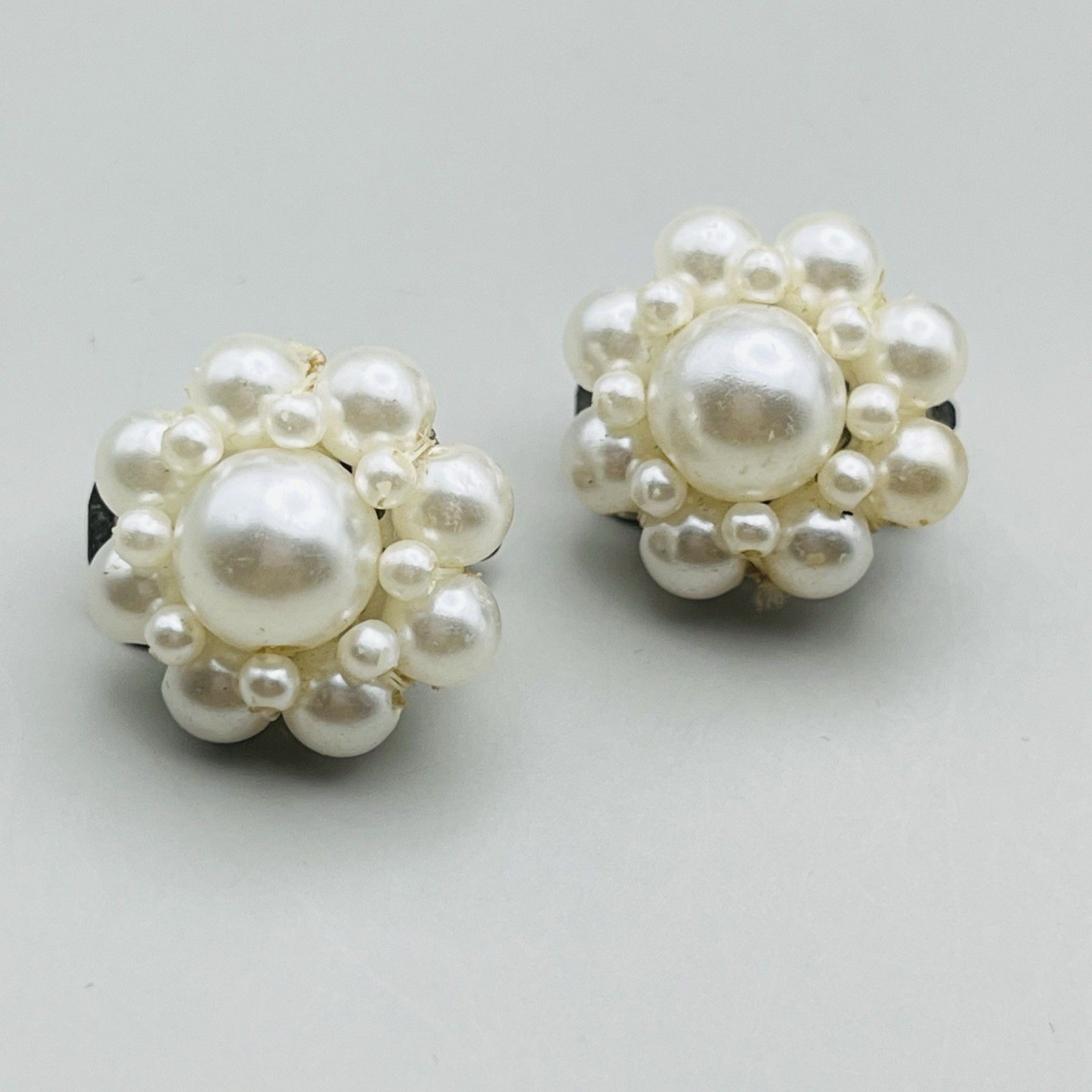 VTG Clip-On Earrings  White Pearl Cluster Button Silver Tone  .75