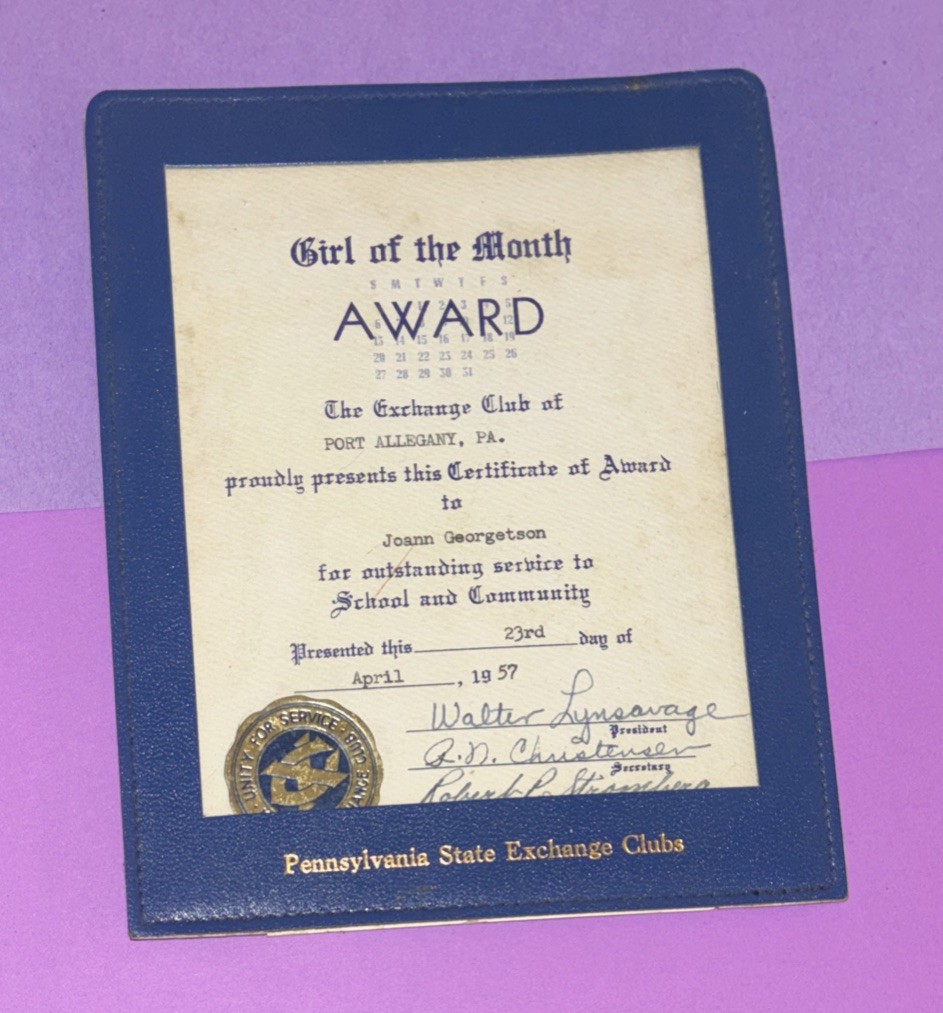 Vtg 1957 Girl Of The Month Award Port Allegany, Pennsylvania State Exchange Club