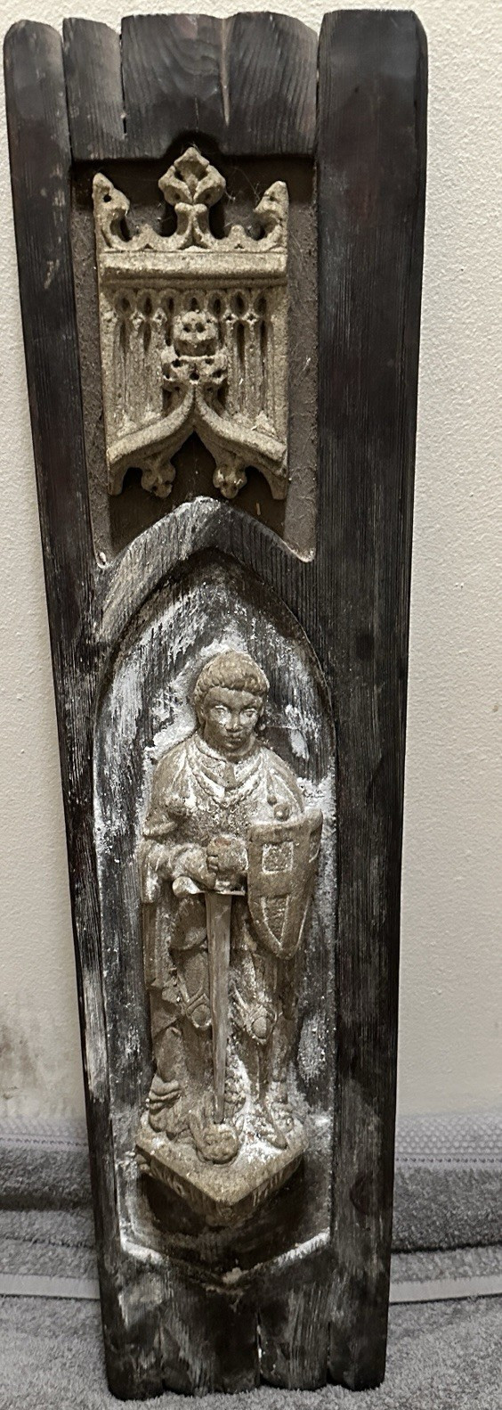 Antique Carved Oak Gothic Crusader Knight Saint Plaque Panel Figure Religious