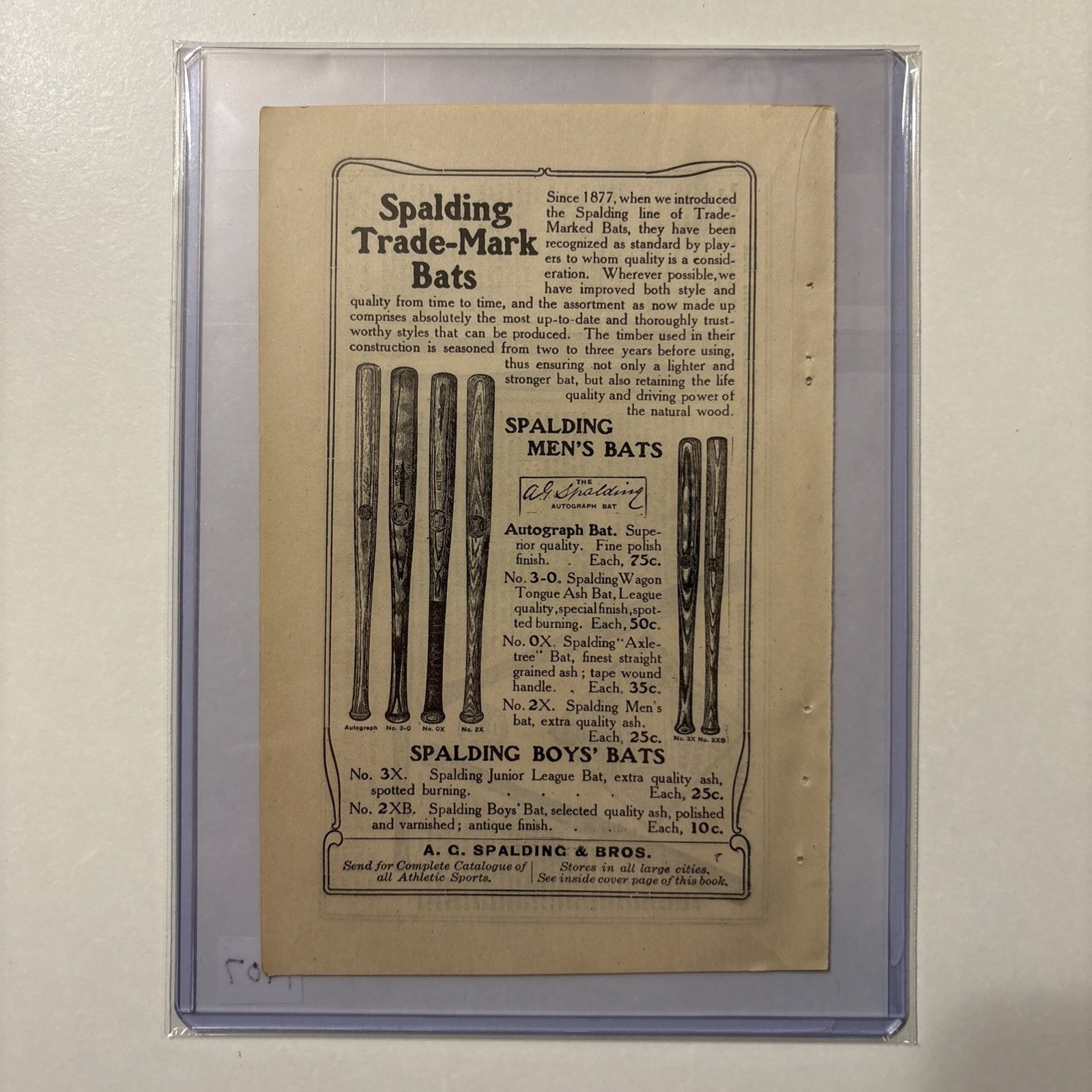 1907 Spalding Autograph/Wagon Tongue/0X/2X/Mushroom/Gold Baseball Bat Ad Antique