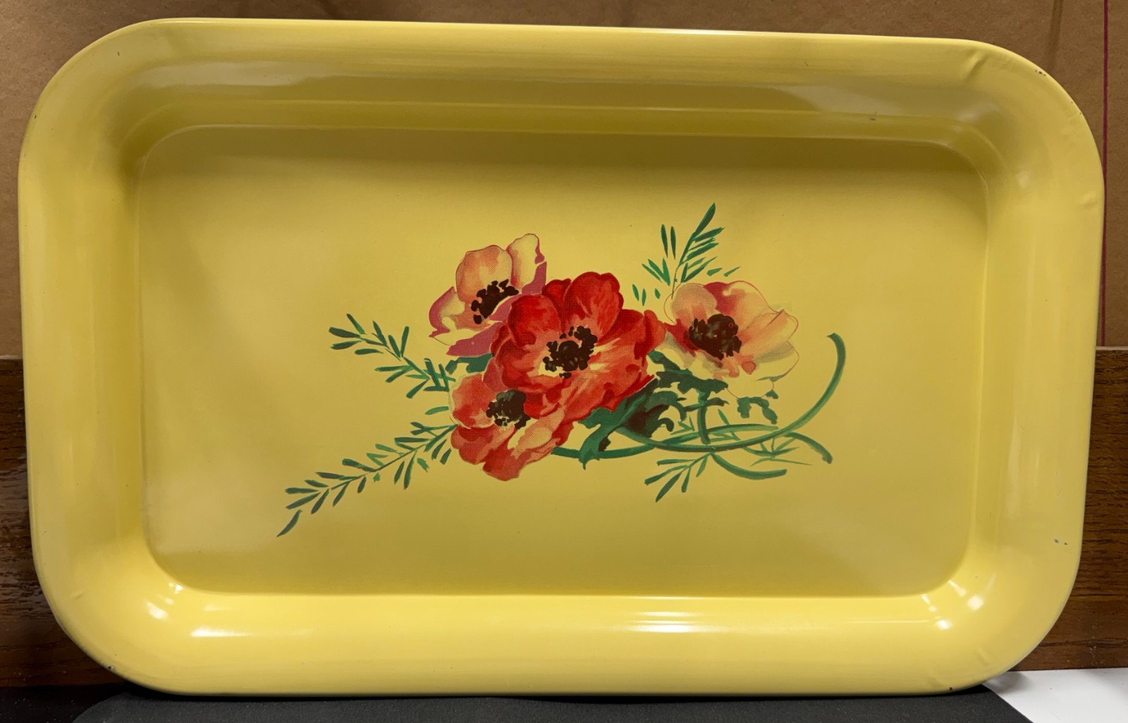 Vintage Rectangular Metal Serving Tray / Lap Tray 1950\'s Yellow Poppy Pattern
