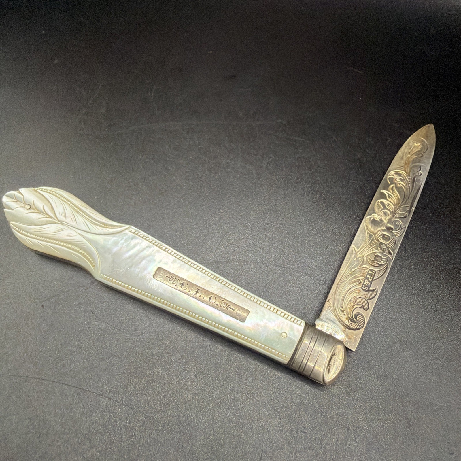 Antique 1896 Sheffield Sterling Silver Mother of Pearl Folding Fruit Knife