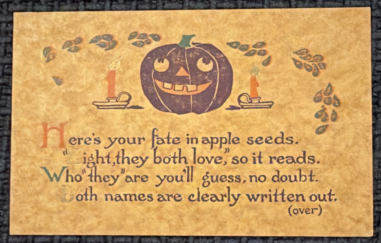 Rare Halloween Postcard Everett Studios Apple Seeds Poem Purple JOL Original