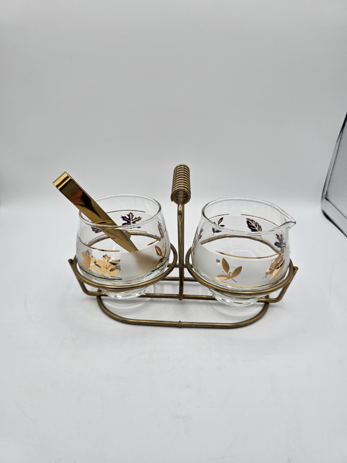 Vintage 50s Libbey Glass Golden Foliage Creamer Sugar Set With Caddy Tongs 