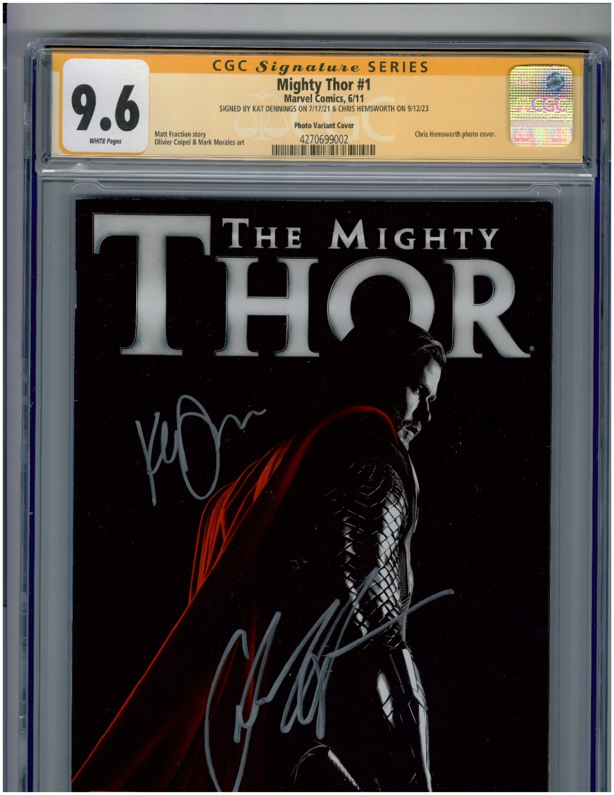 Mighty Thor #1 CGC 9.6 SS Signed Chris Hemsworth Kat Dennings Photo Cover