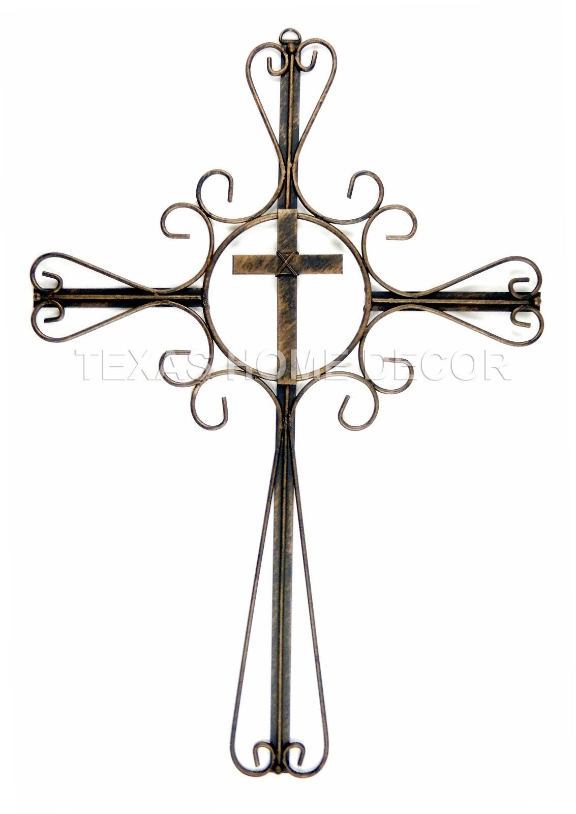 Western Tin Metal Wall Cross with Decorative Ornate Curly Design 17”x 12”  