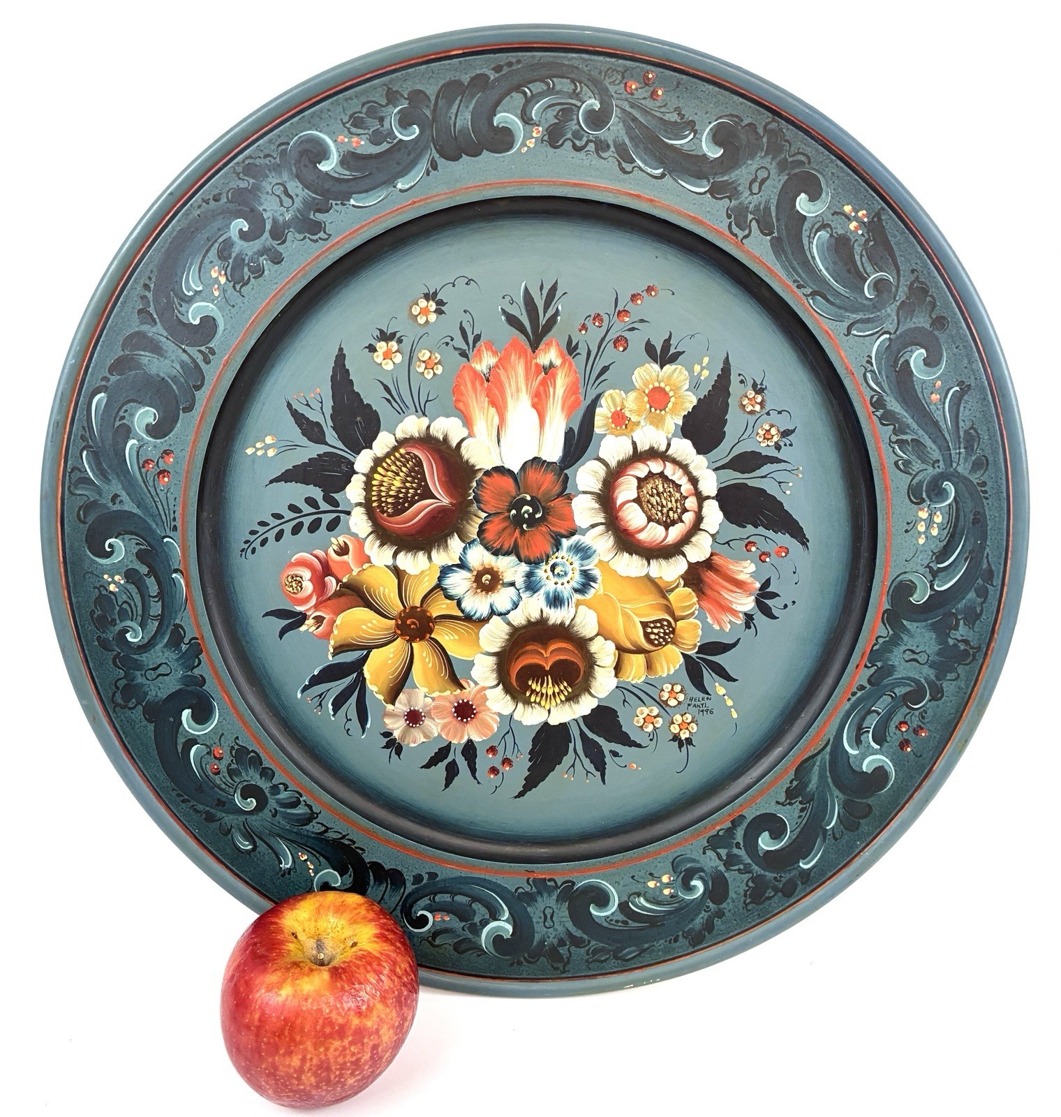 🔥16” Norwegian Folk Art Rosemaled Wood Plate Charger Valdres Signed Helen Fantl