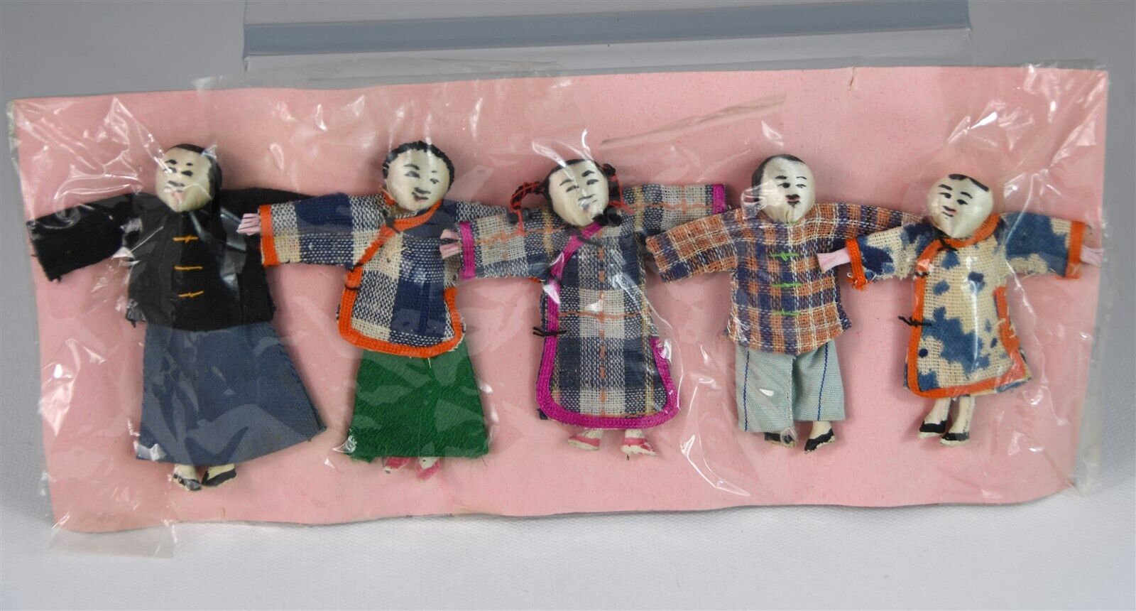 Shaohsing Mission Chinese Miniature Cloth Doll Family On Card c. 1940s