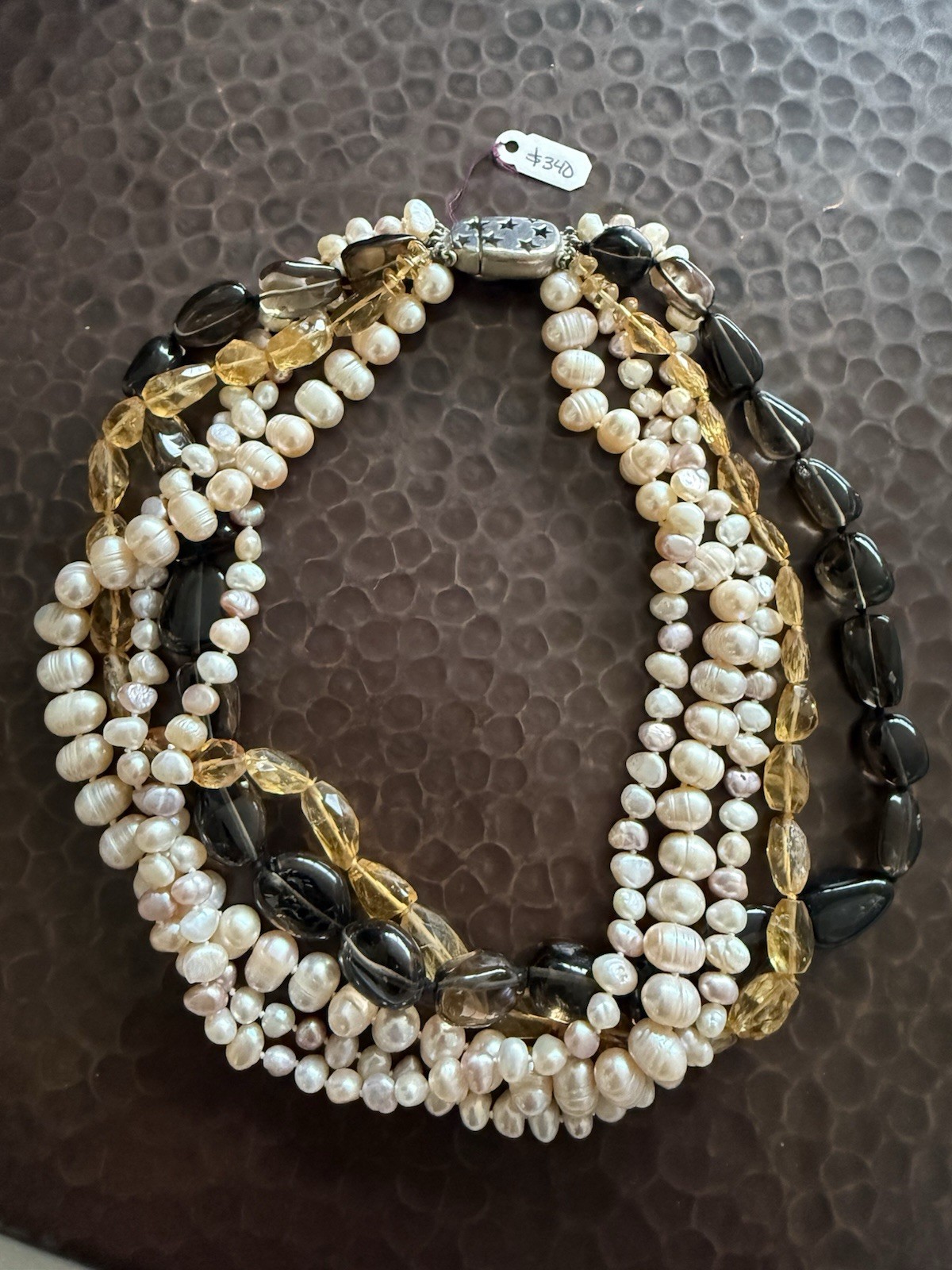 Original Citrine Stones and 5 Strand Pearls Necklace