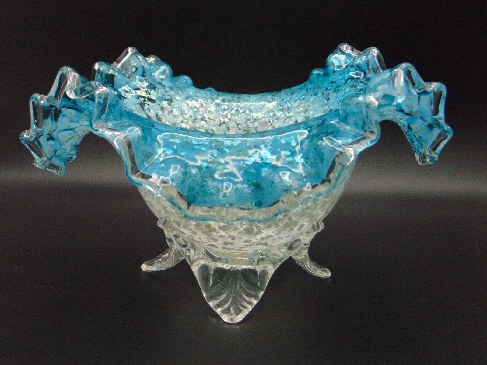 Victorian Antique Bohemian Blue Opal Mica Spangle Art Glass Bowl Applied Base