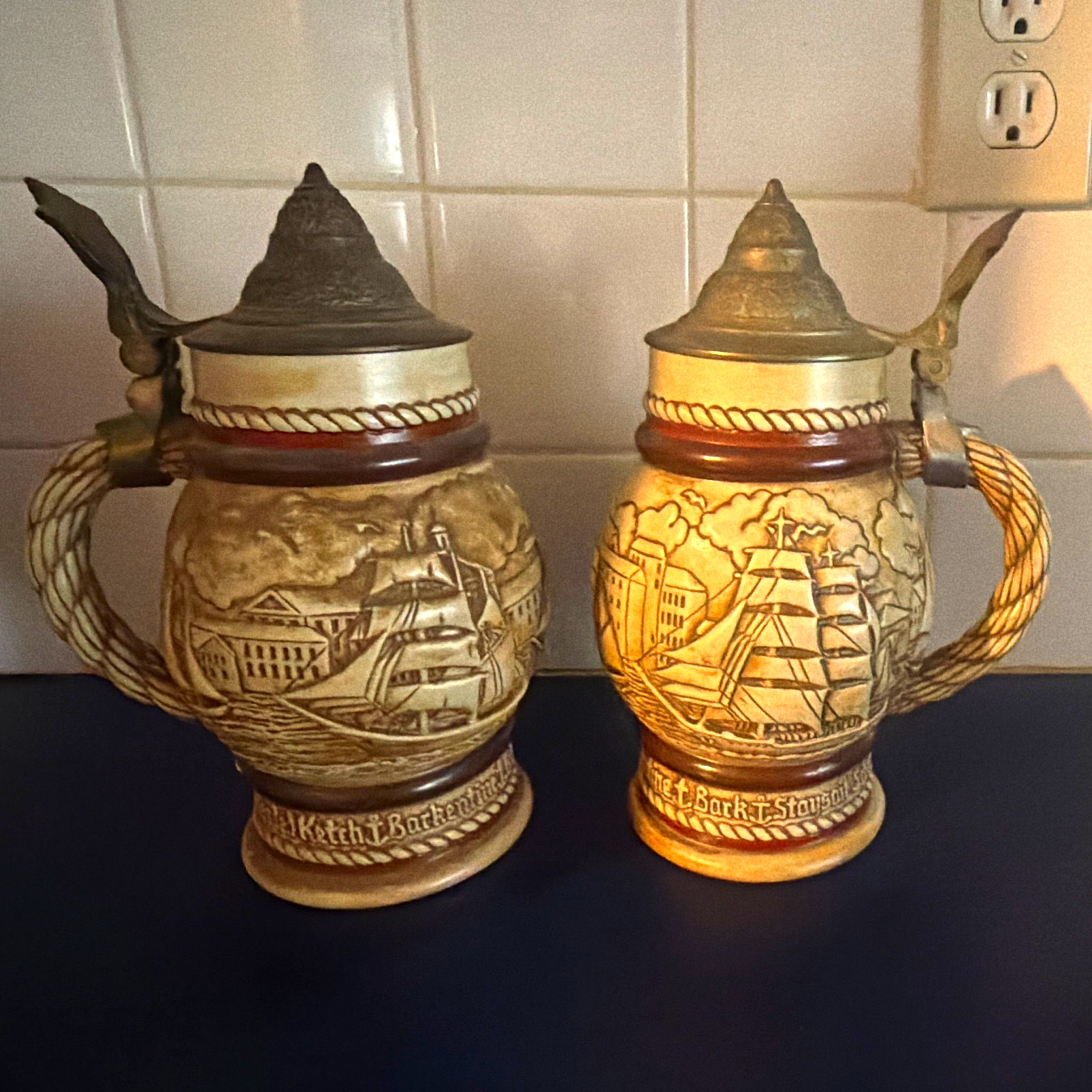 Matching Avon 1977 Handmade Ceramic Beer Steins w/ Pewter Lid Handle, pirate