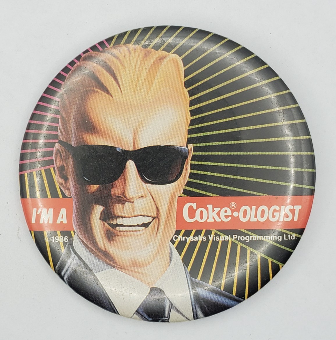 Vintage 1986 Max Headroom Im a CokeOlogist Coca Cola Advertising Pinback Button