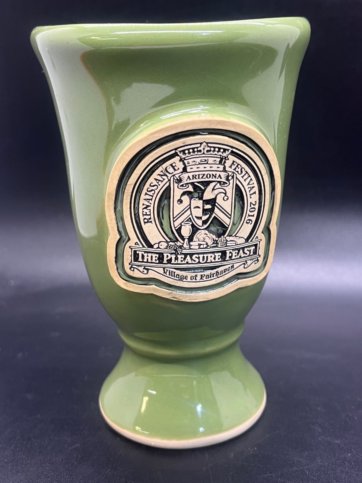 2016 Arizona Renaissance Festival Pleasure Feast Glazed Pottery Green Goblet Cup