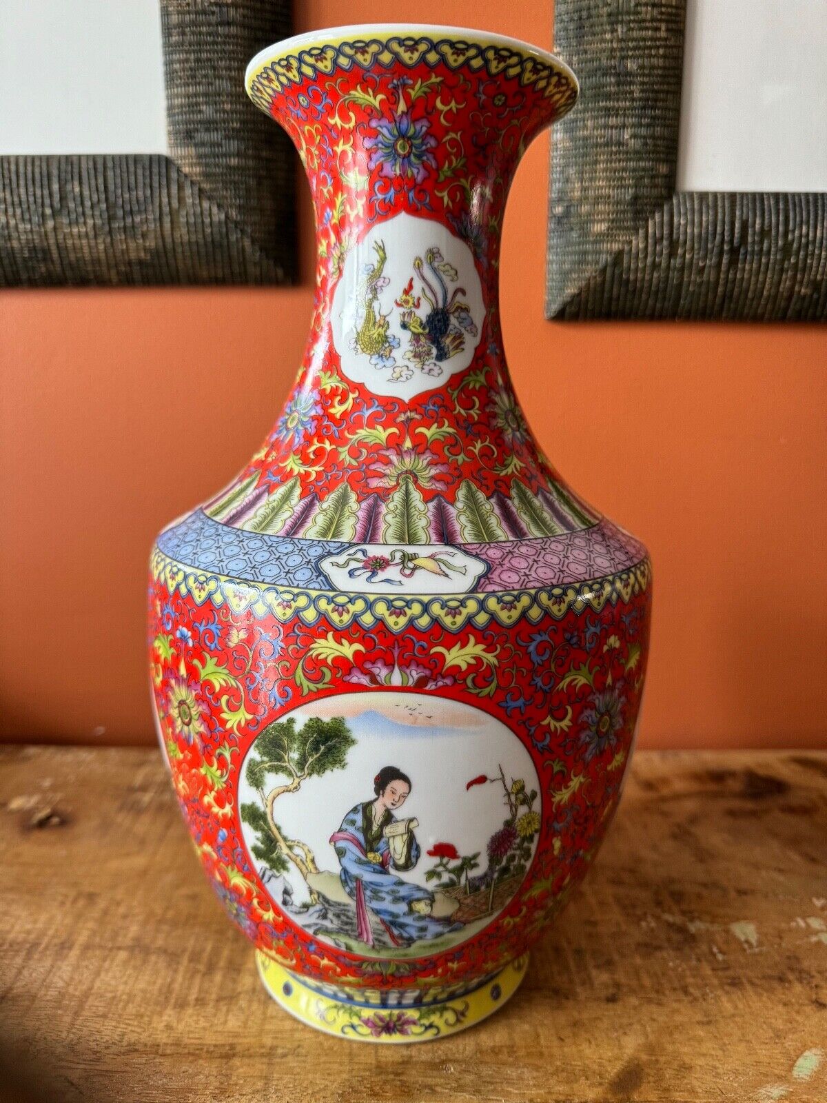 Chinese Asian Porcelain Vase Red Floral with Geisha Figures 12