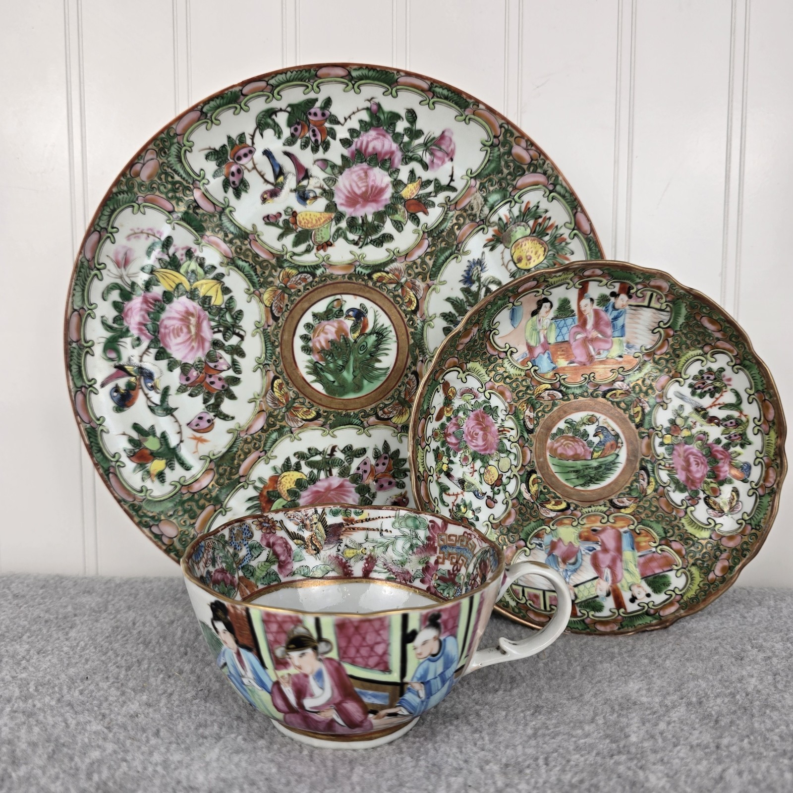 Antique Famille Rose Medallion Chinese Export 3pc Plate Tea Cup Saucer 19th c Antique Famille Rose Medallion Chinese Export 3pc Plate Tea Cup Saucer 19th c