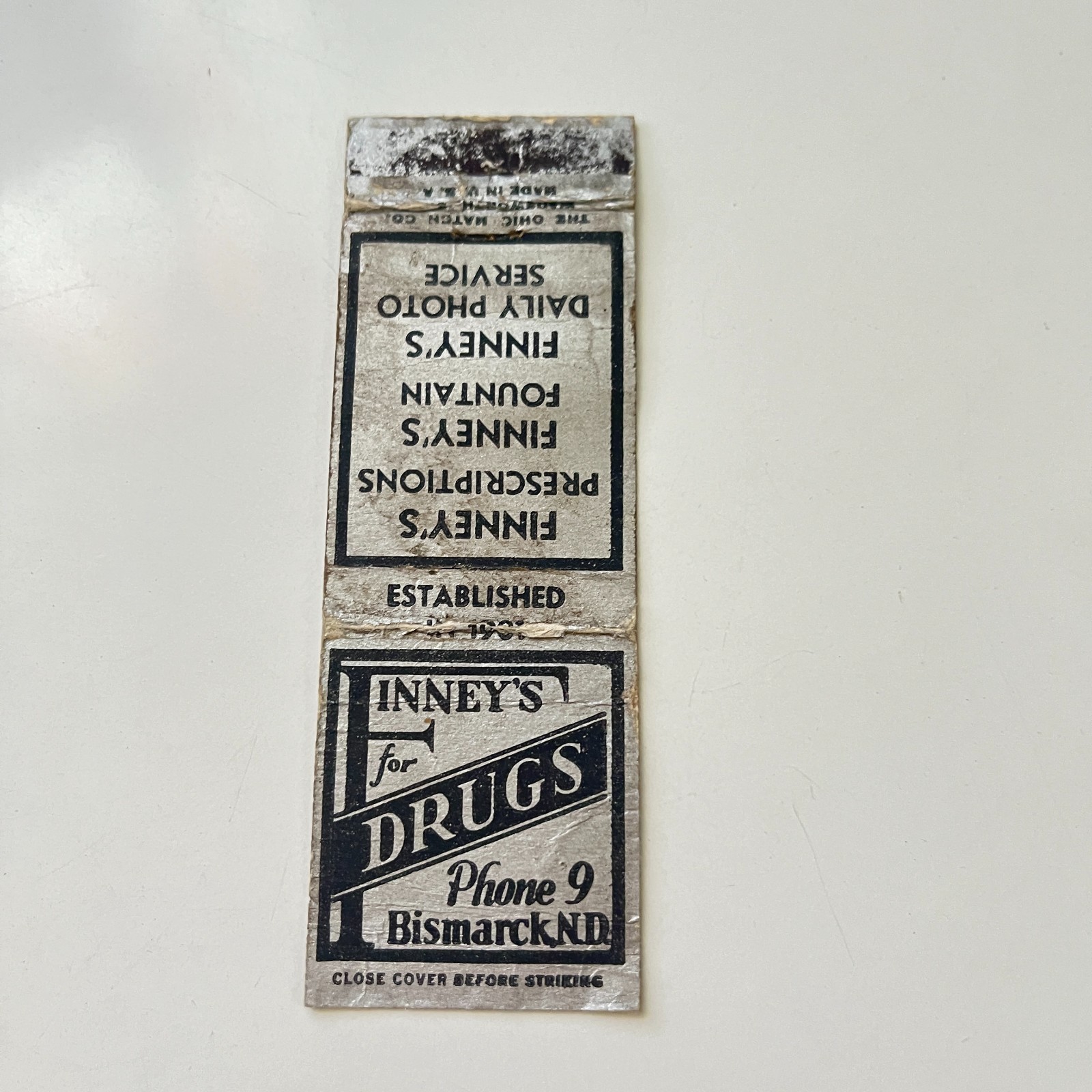 Finney\'s For Drugs Prescriptions Bismarck ND Vintage Matchbook Cover TMB93-4