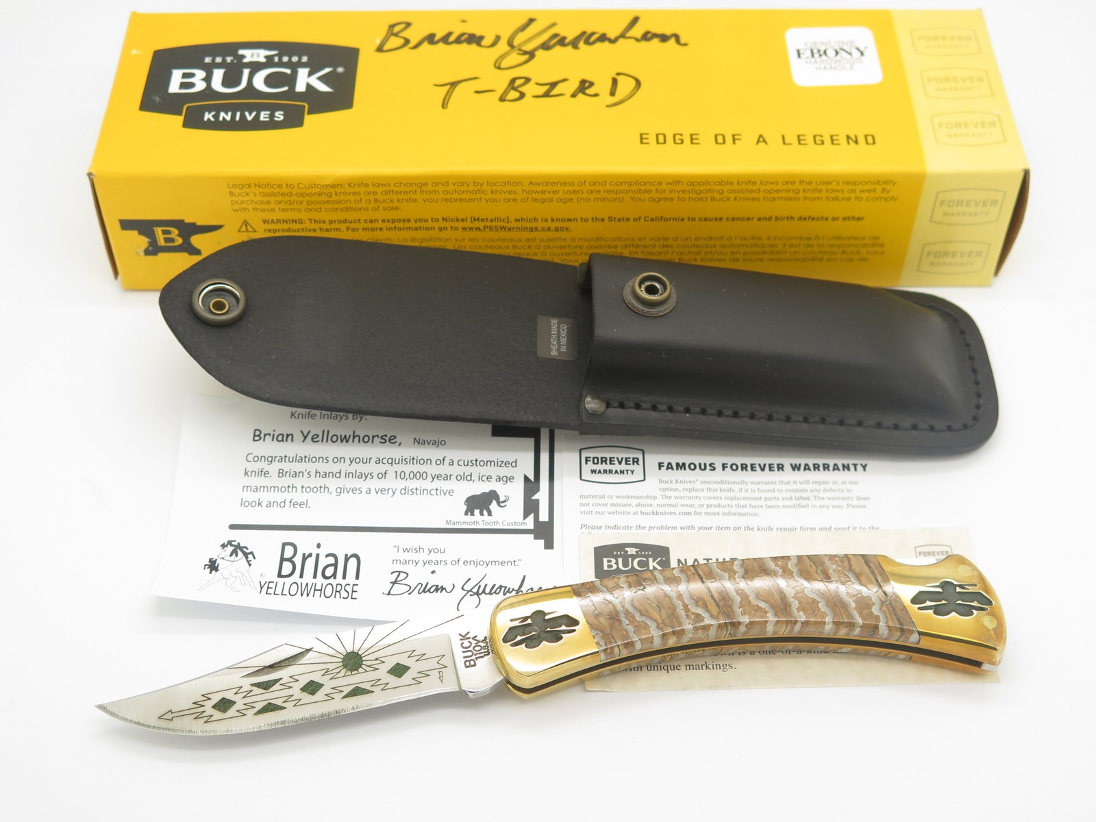 Custom Brian Yellowhorse Buck 110 T Bird Engraved Lockback Folding Hunter Knife