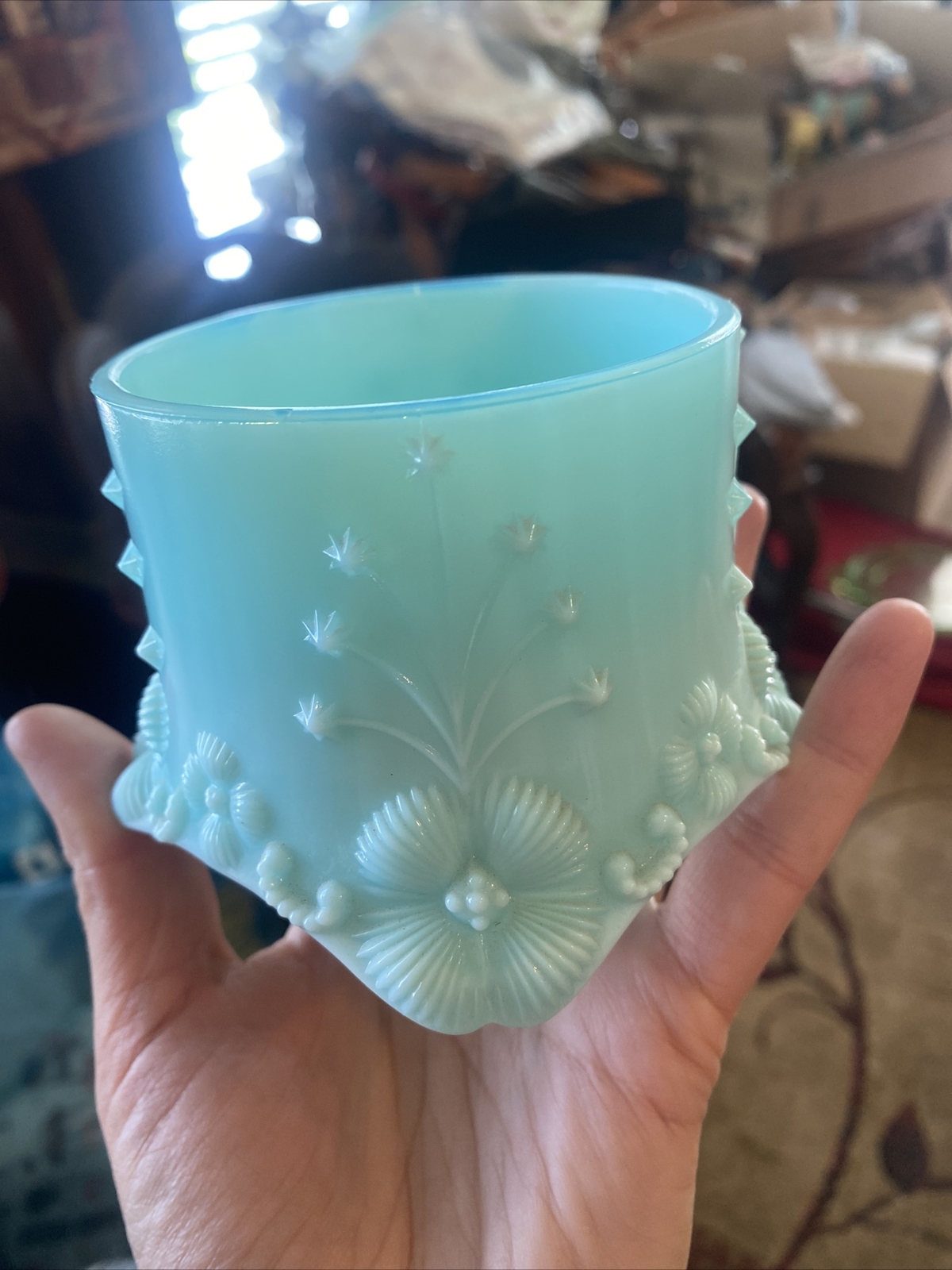 Fostoria 1886 Aqua Blue Milk Glass Puff Box Small Trinket No Lid Vintage(2)