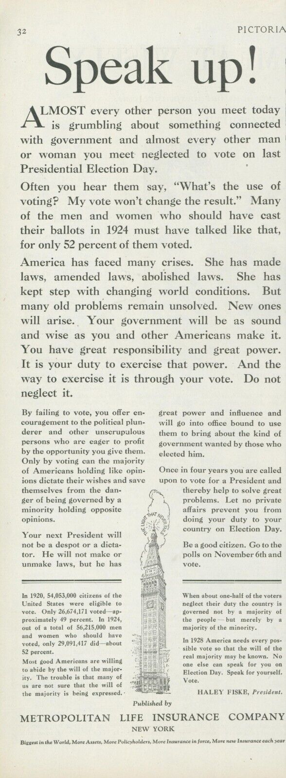 1928 Metropolitan Life Important To Vote President Election Vtg Print Ad PR3