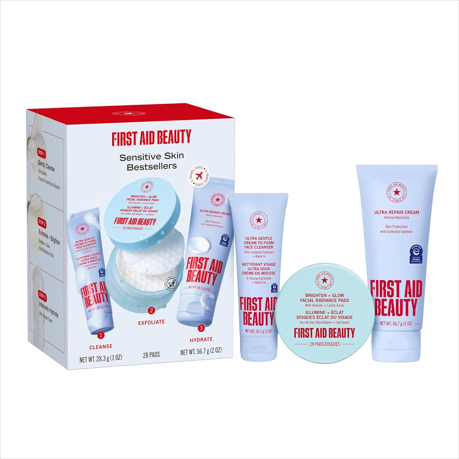 First Aid Beauty Sensitive Skin Skincare Routine Set, Ultra Gentle Cleanser + Fa