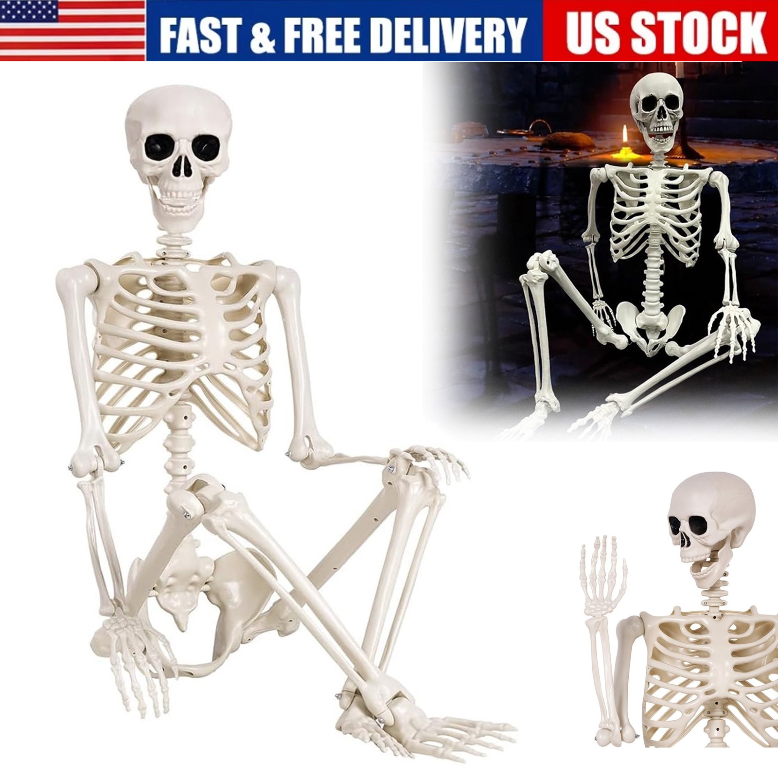 5.4FT Giant Halloween Human Skeleton Poseable Full Life Size Decor Party Prop US