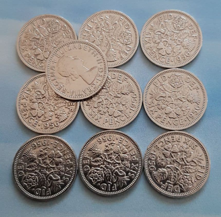 Vintage 1956 UK Sixpence Coin Set, Lucky Wedding Gift, Polished, 10 Coins