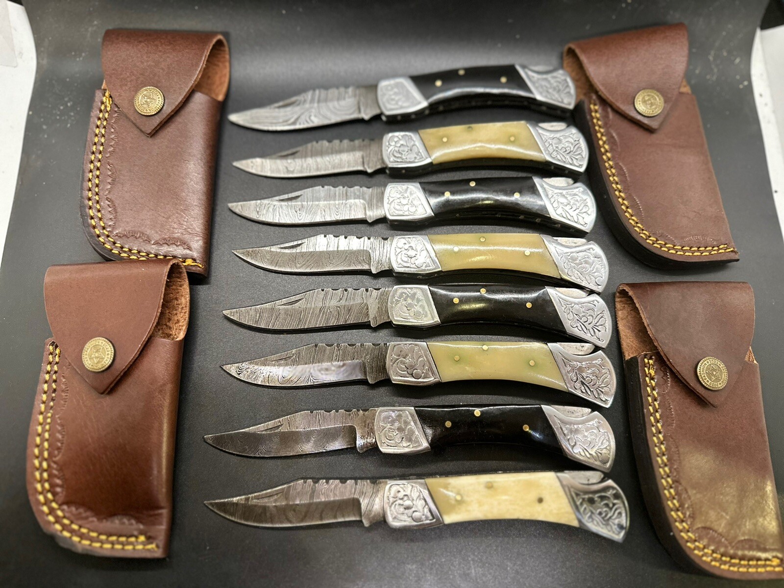 Lot of 8 HAND FORGED DAMASCUS Steel Folding Lock back Pocket Knife with Sheath