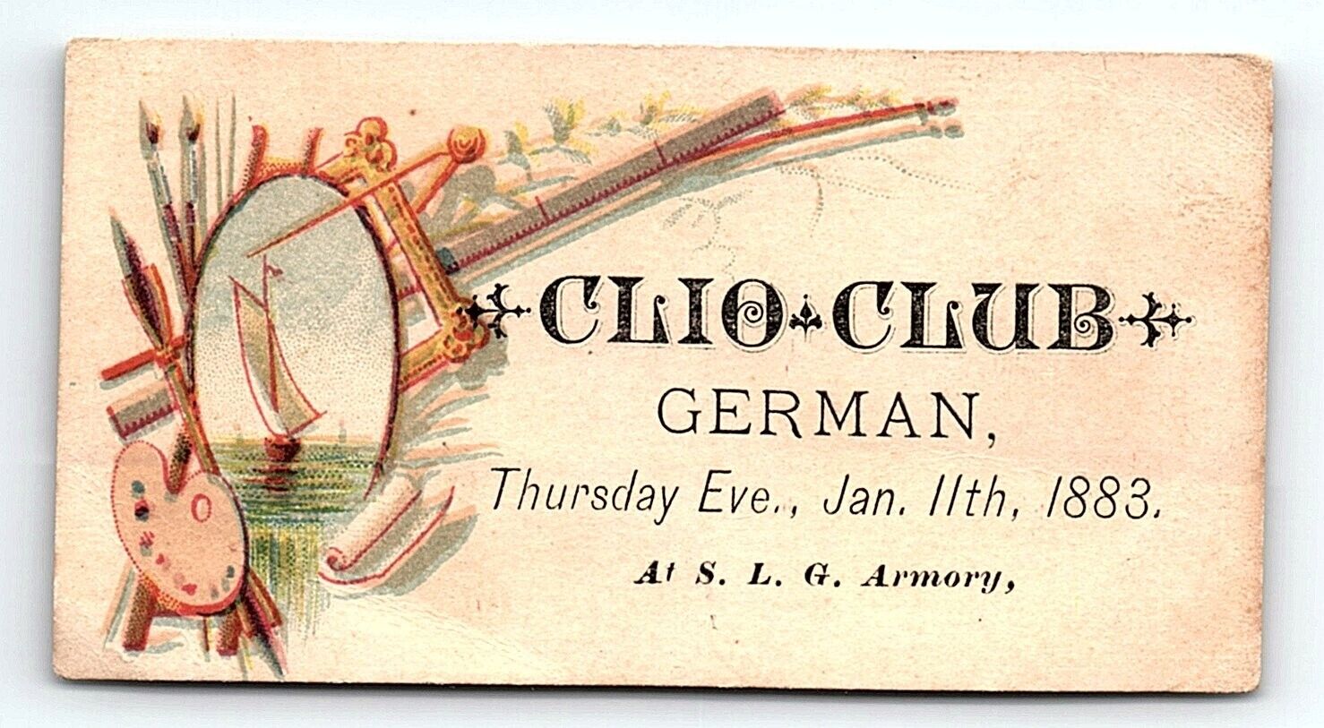 1883 CLIO CLUB GERMAN AT S.L.G. ARMORY VICTORIAN TRADE CARD Z1125