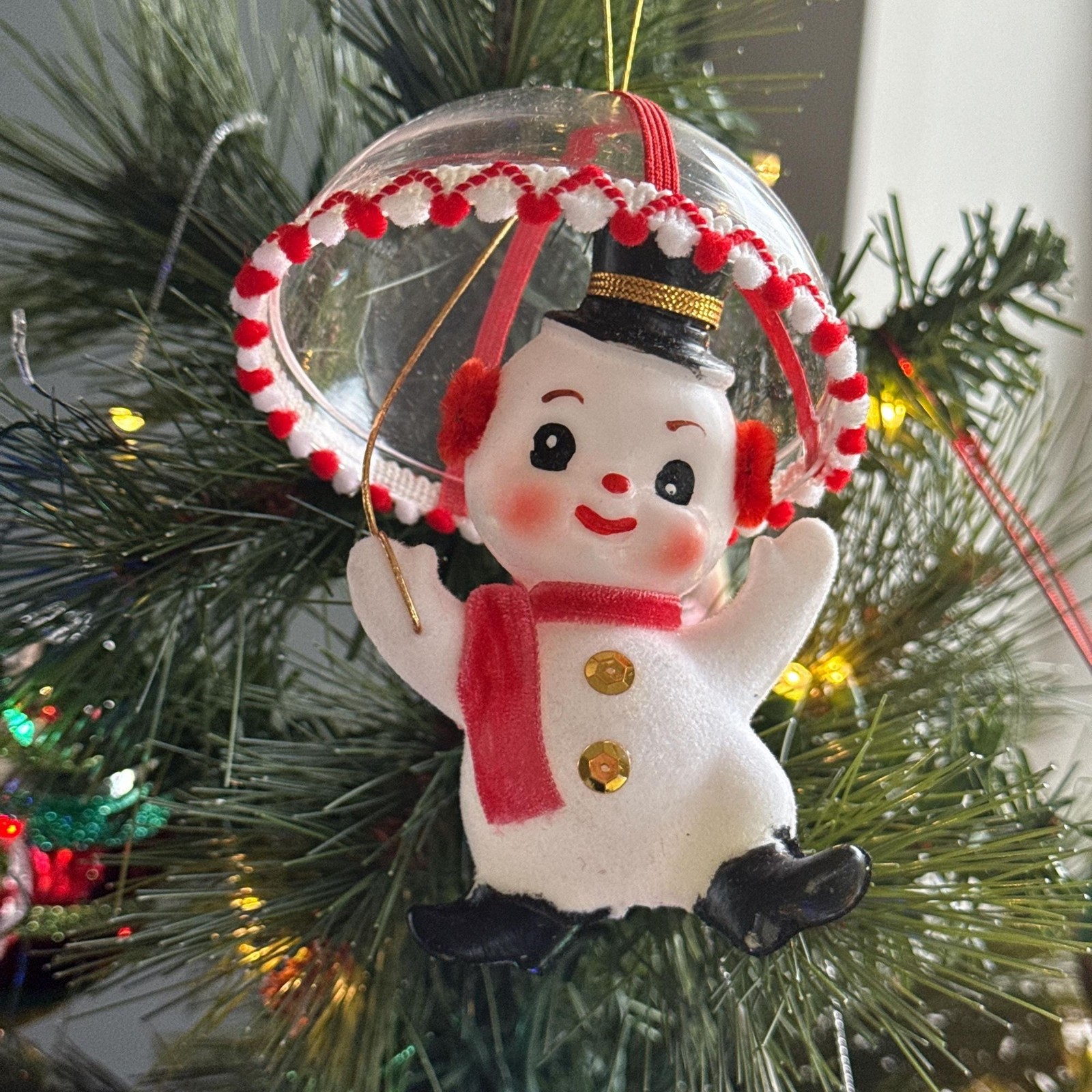 1950s Shiny Bright Snowman With Umbrella