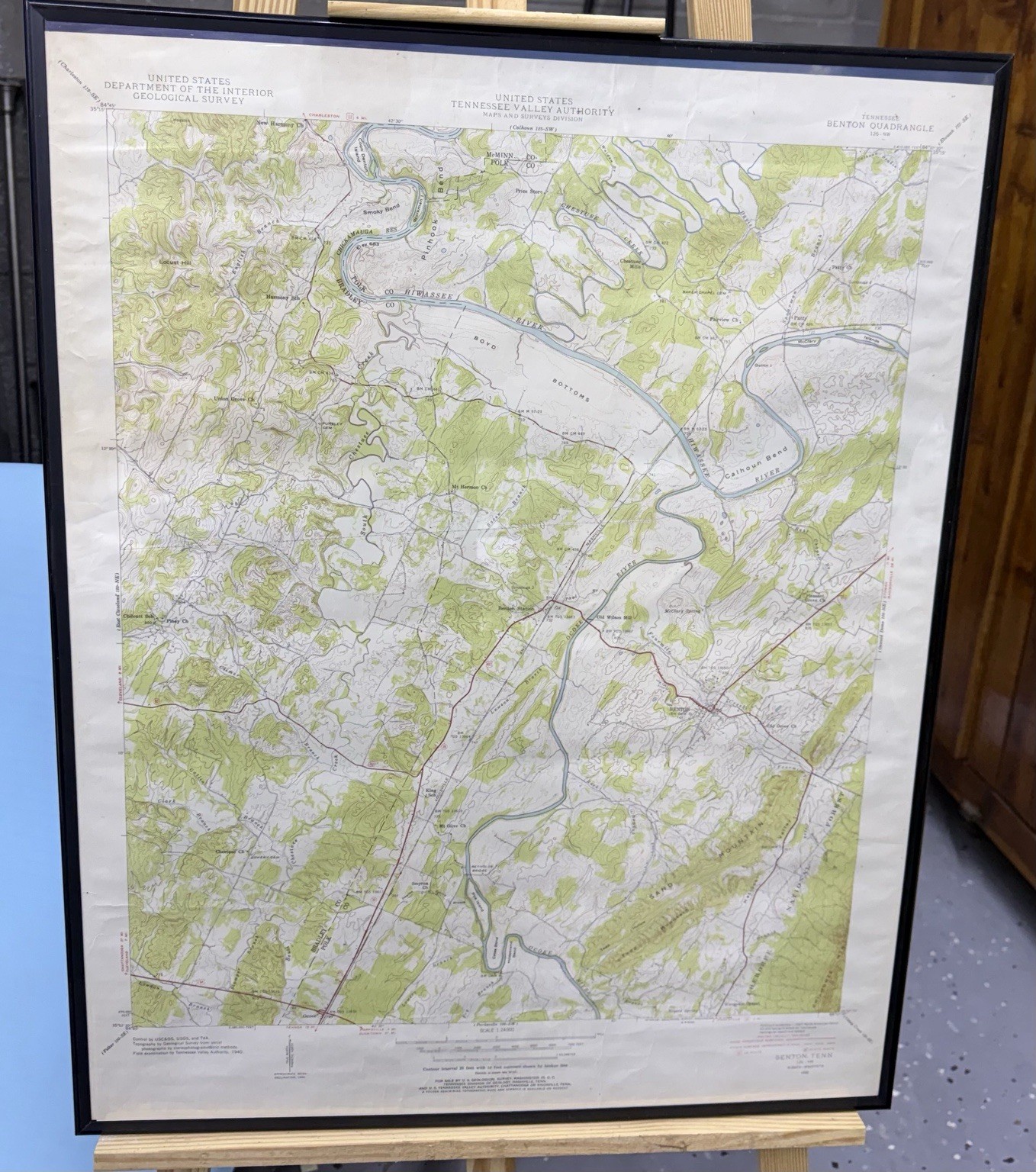 Vintage 1940 USGS / TVA Topographic Map – Benton, Tennessee – Framed Display  