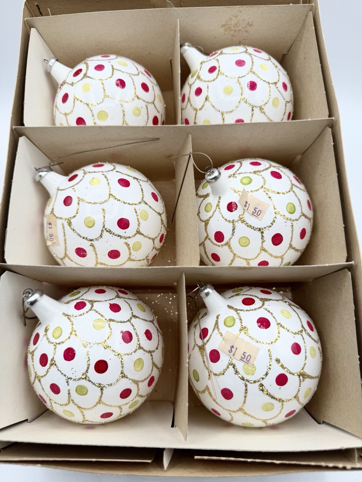 Vtg Italy Glass Christmas Ornaments 6 White Pink Scallop Gold Glitter MCM