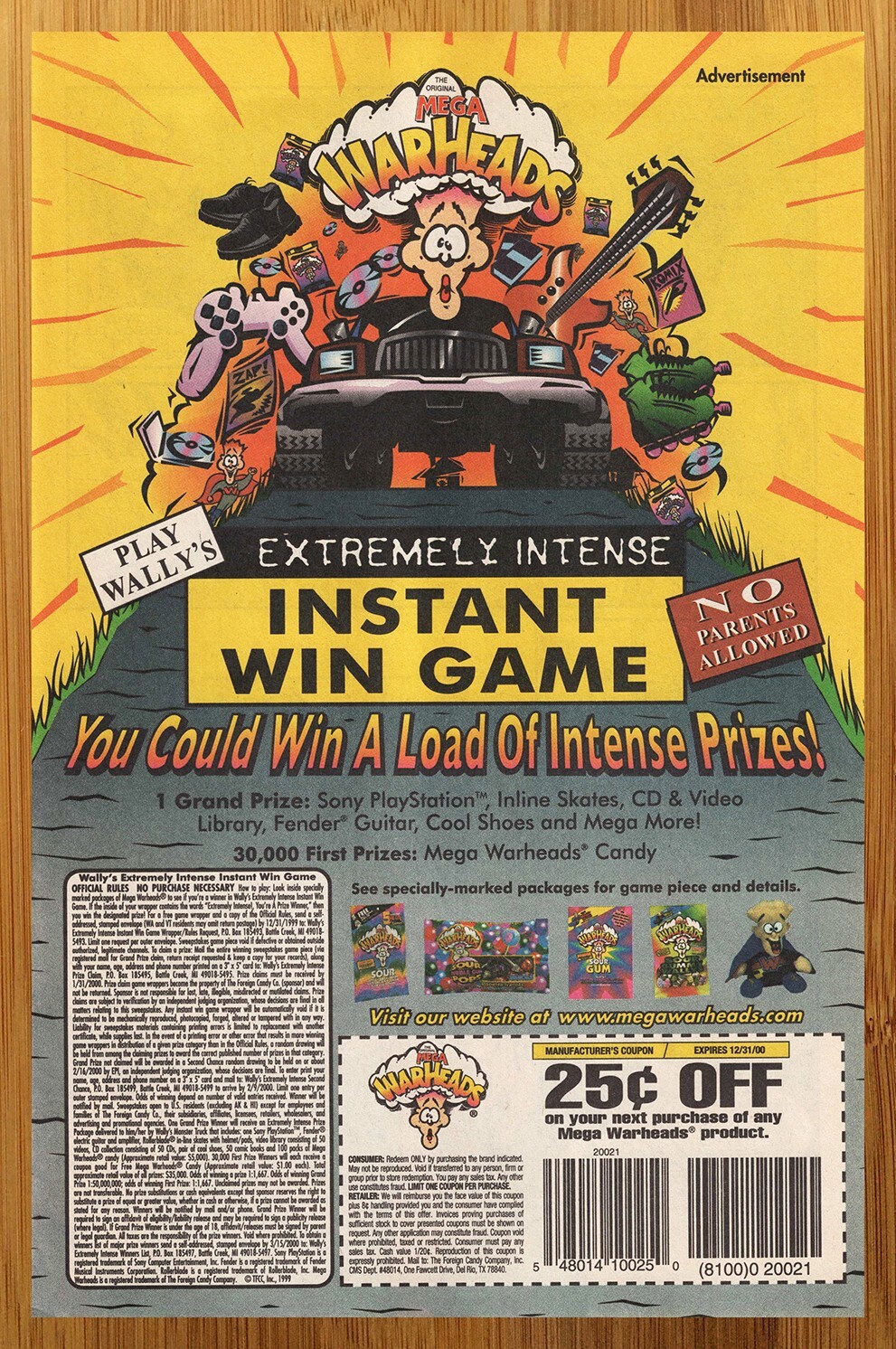 1999 Warheads Candy Vintage Print Ad/Poster Authentic 90s Kid Contest Promo Art
