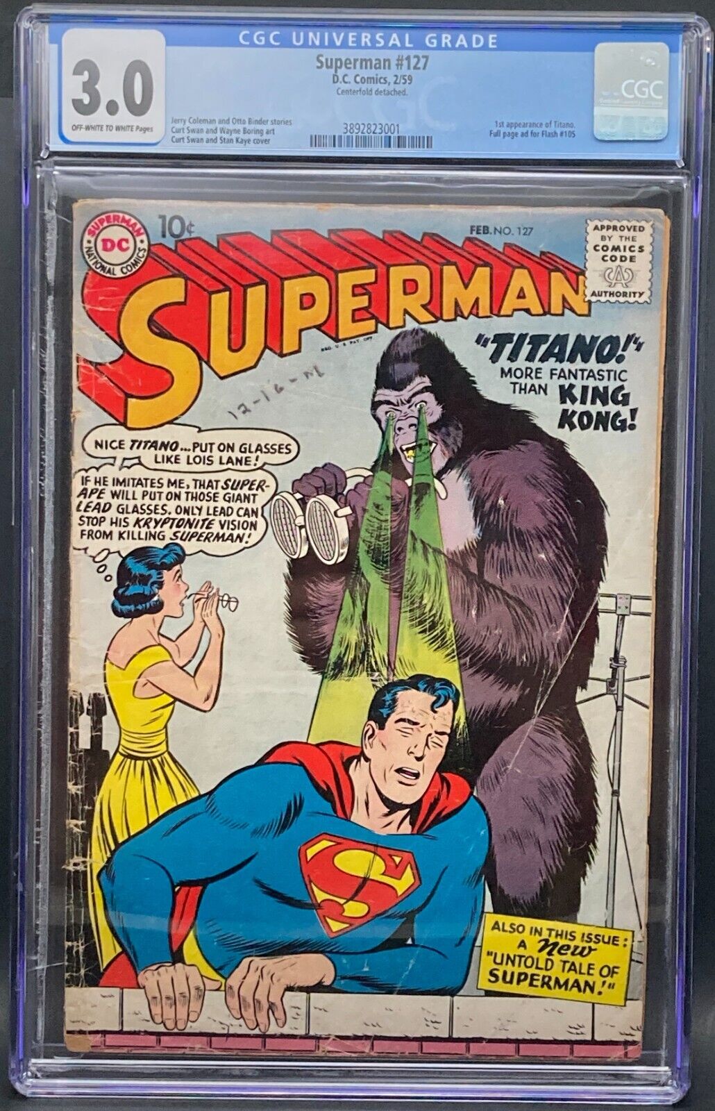 Superman 127 1959 CGC 3.0 Off-White to White Pages