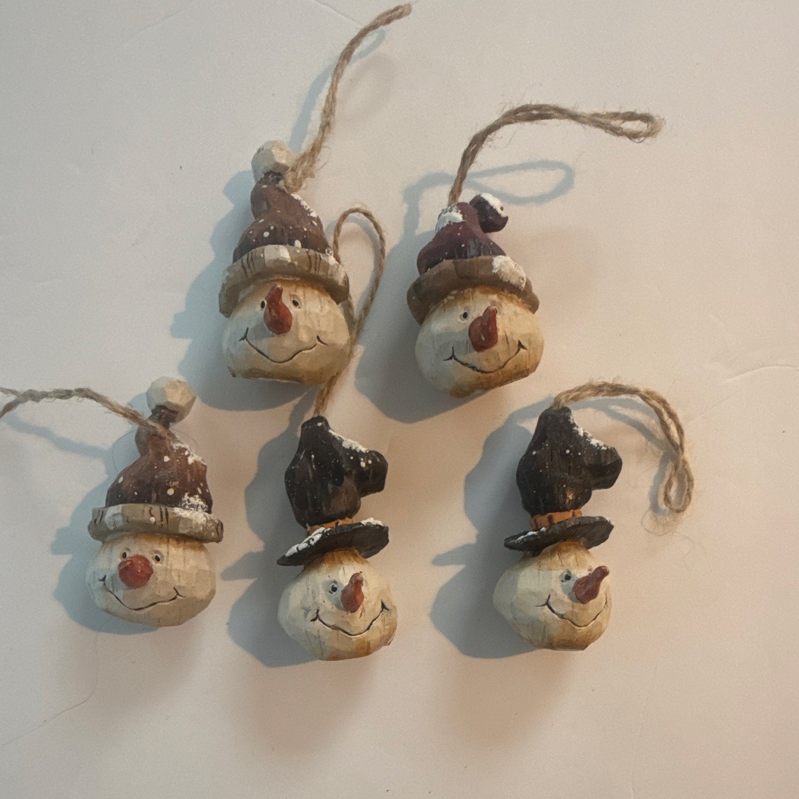 Vintage Tii Collections Snowman Head Ornaments Set of 5 Rustic Folk Art Christma