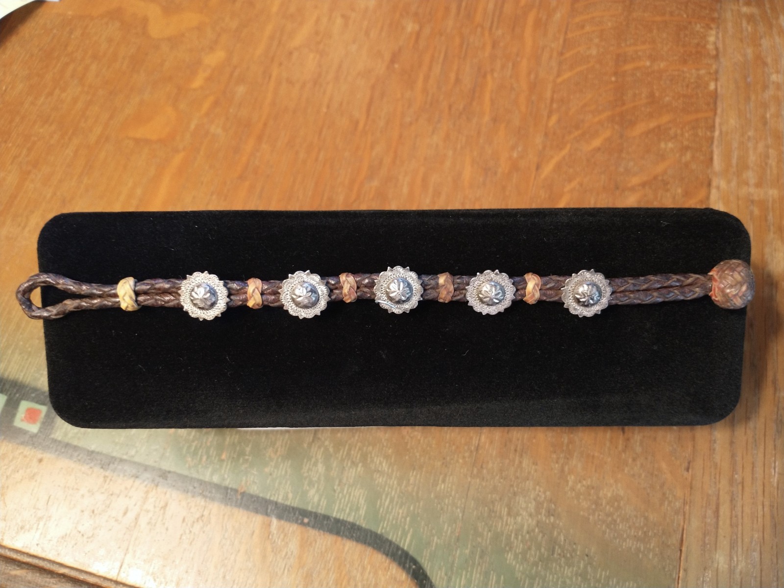 Vintage Sterling Silver Pico Concho Rawhide & Leather Braided Western Bracelet