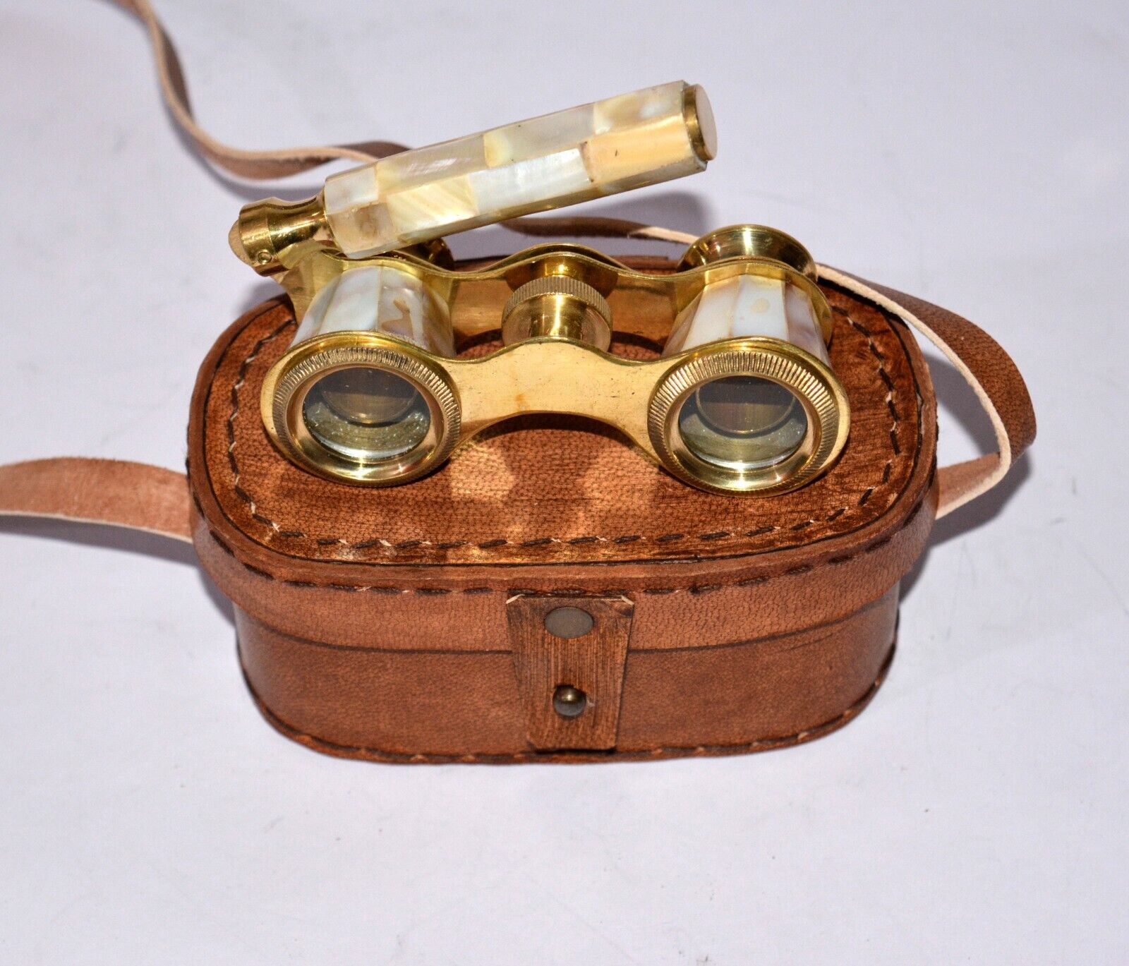 Antique Vintage Opera Glasses Mother Pearl Brass Binocular & Leather Case Gift