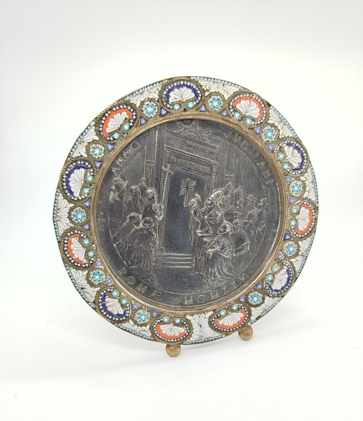 Antique or Vintage Bronze & Enamel Frame Silver  Medal PAPE PIE XI 1925
