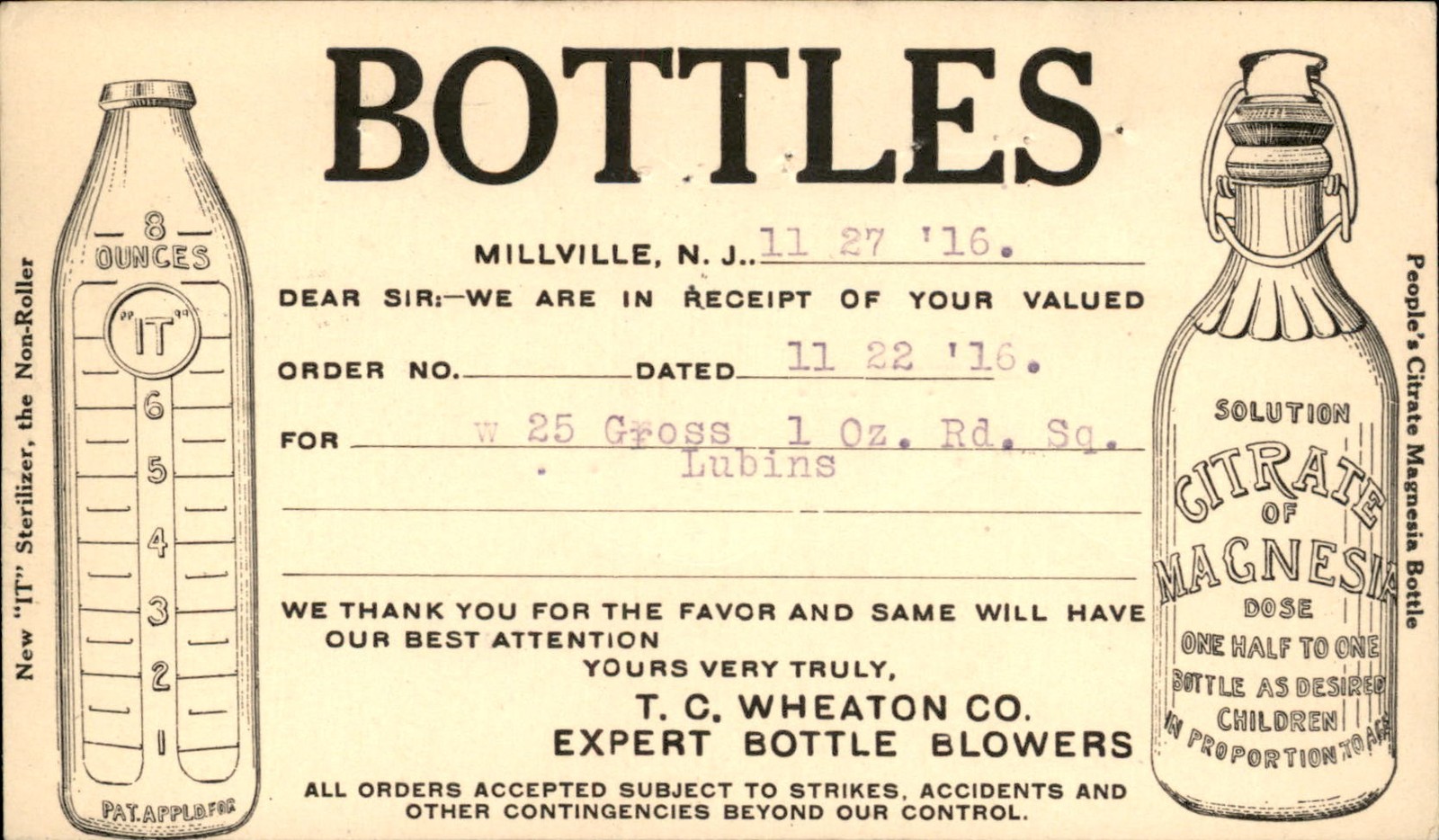 Millville NJ T. C. Wheaton bottle blowers c1910s Vintage Postcard bhn
