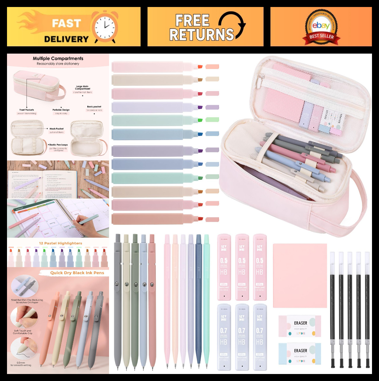 38 PCS Cute School Supplies Kit - Large Pencil Case, Pens, Mechanical Pencils, H